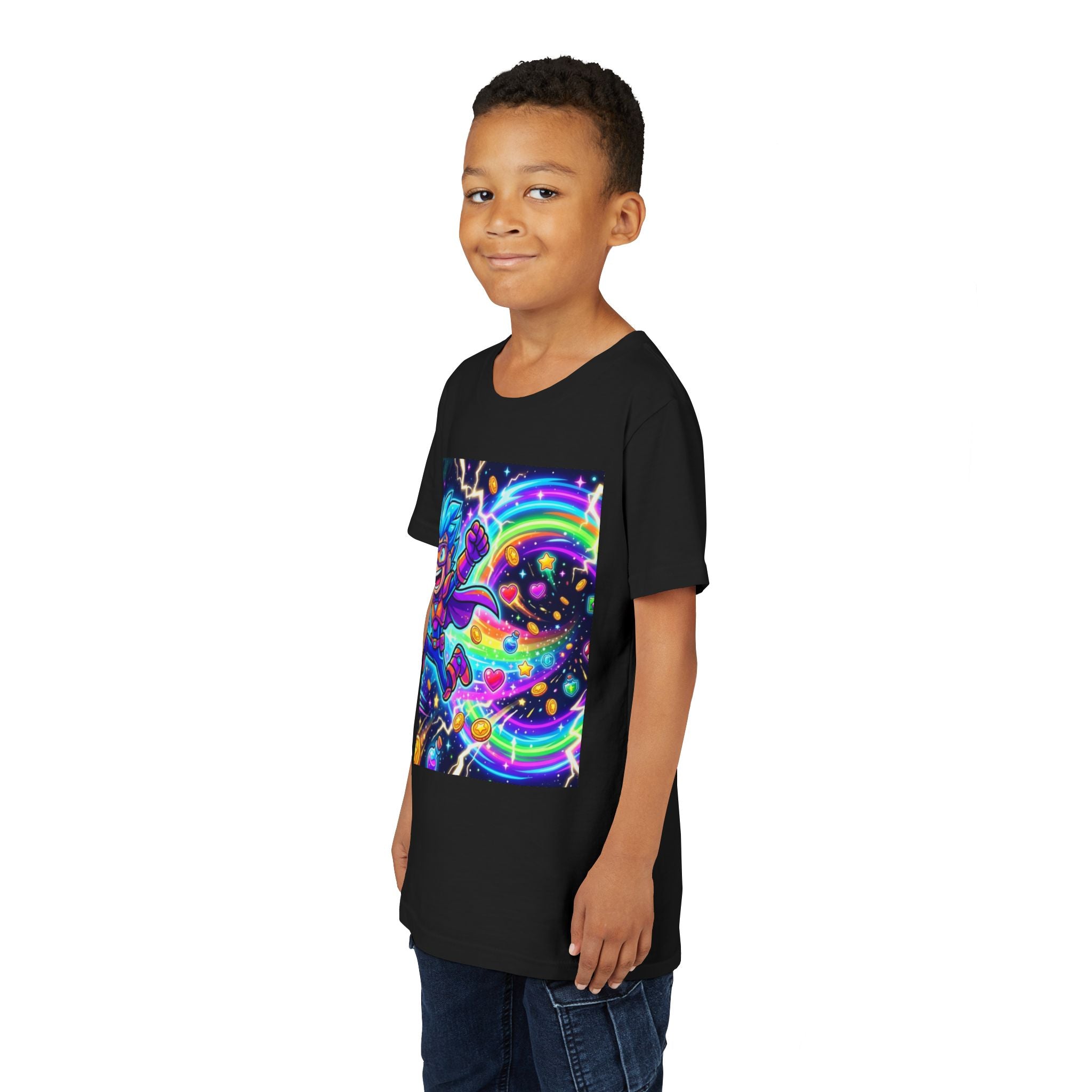 Retro Pixel Explosion Youth Tee — Smiling Avatar, Hearts, Gems & Controllers