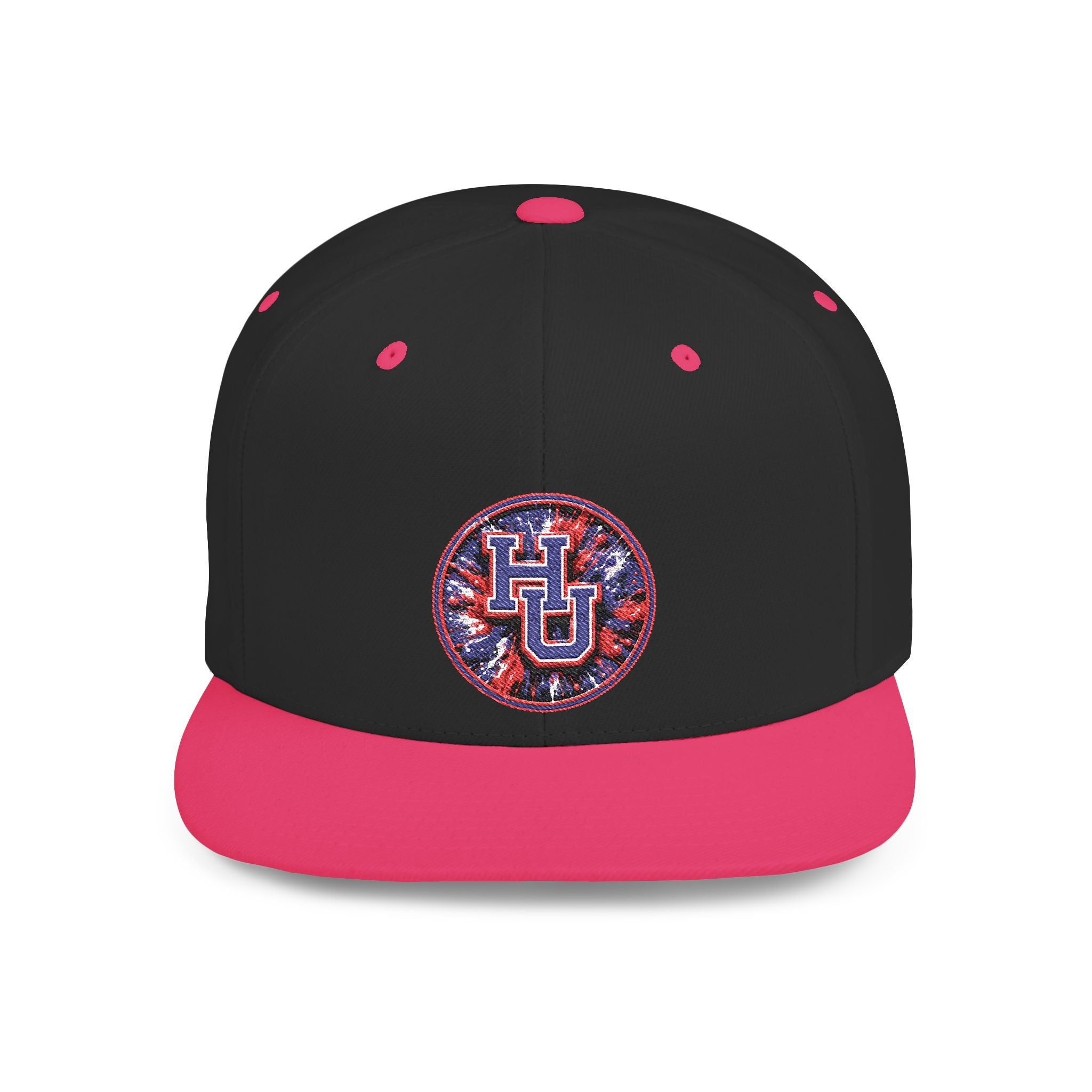 HU Logo Flat Bill Snapback Hat — Red & Blue Sequin Patch Cap