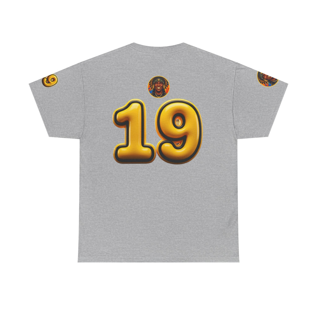 Melanated 19 Graphic Tee — Retro Script Logo & Gold Number Baseball Shirt