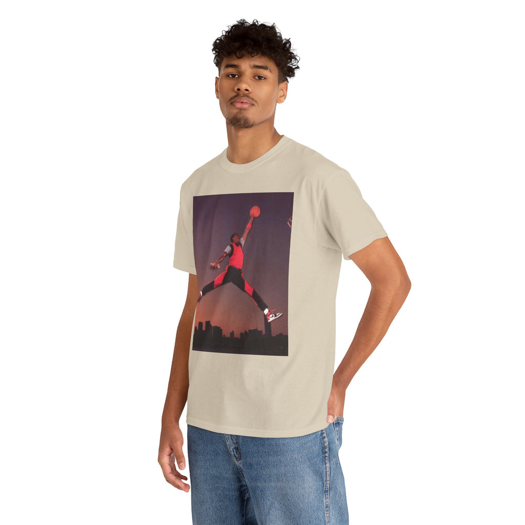 Basketball Jumpman Tee — Retro Skyline Graphic T-Shirt with Red Fist Back Emblem