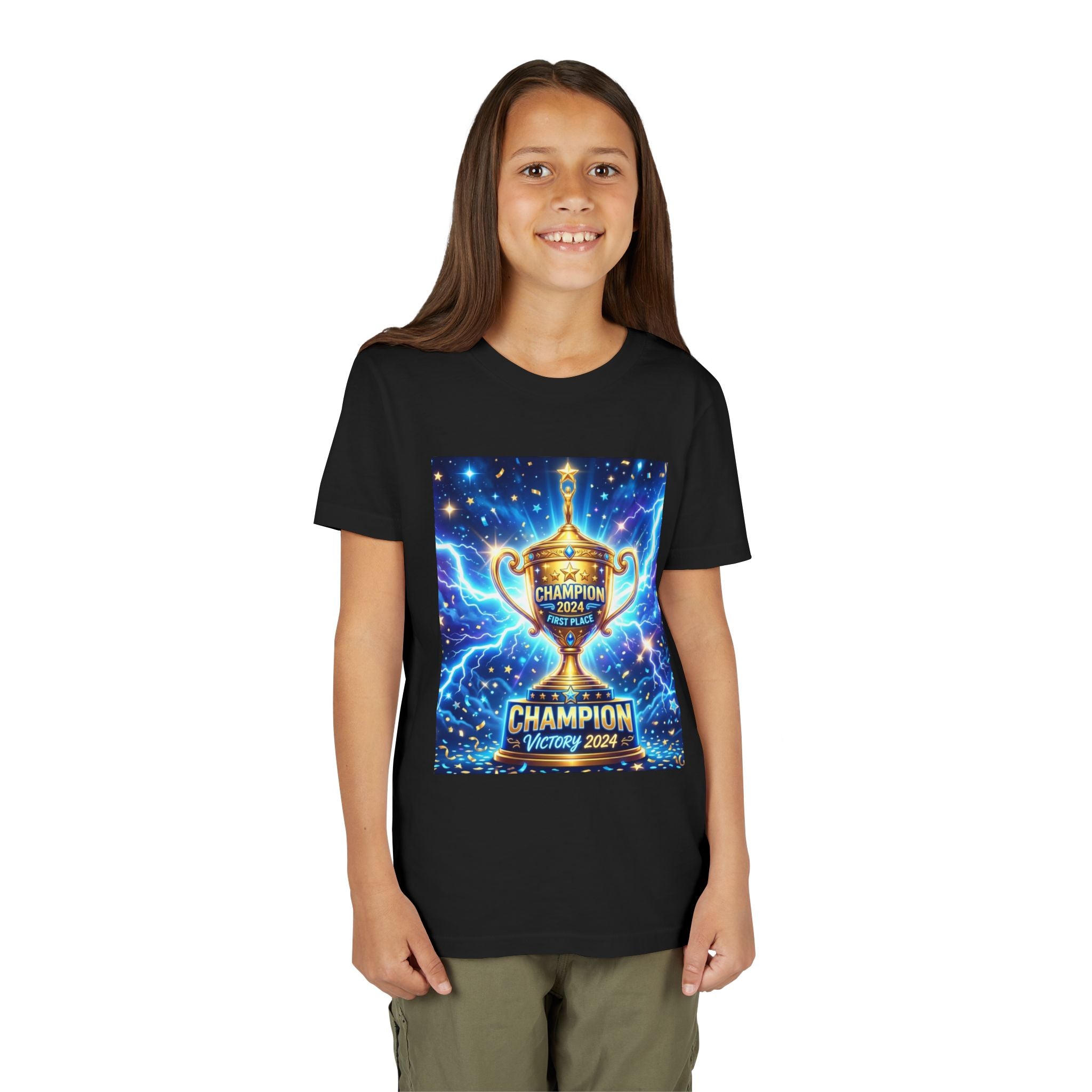 Youth Trophy Lightning Tee — Winning Kids' Short Sleeve Shirt with Stars & Confetti