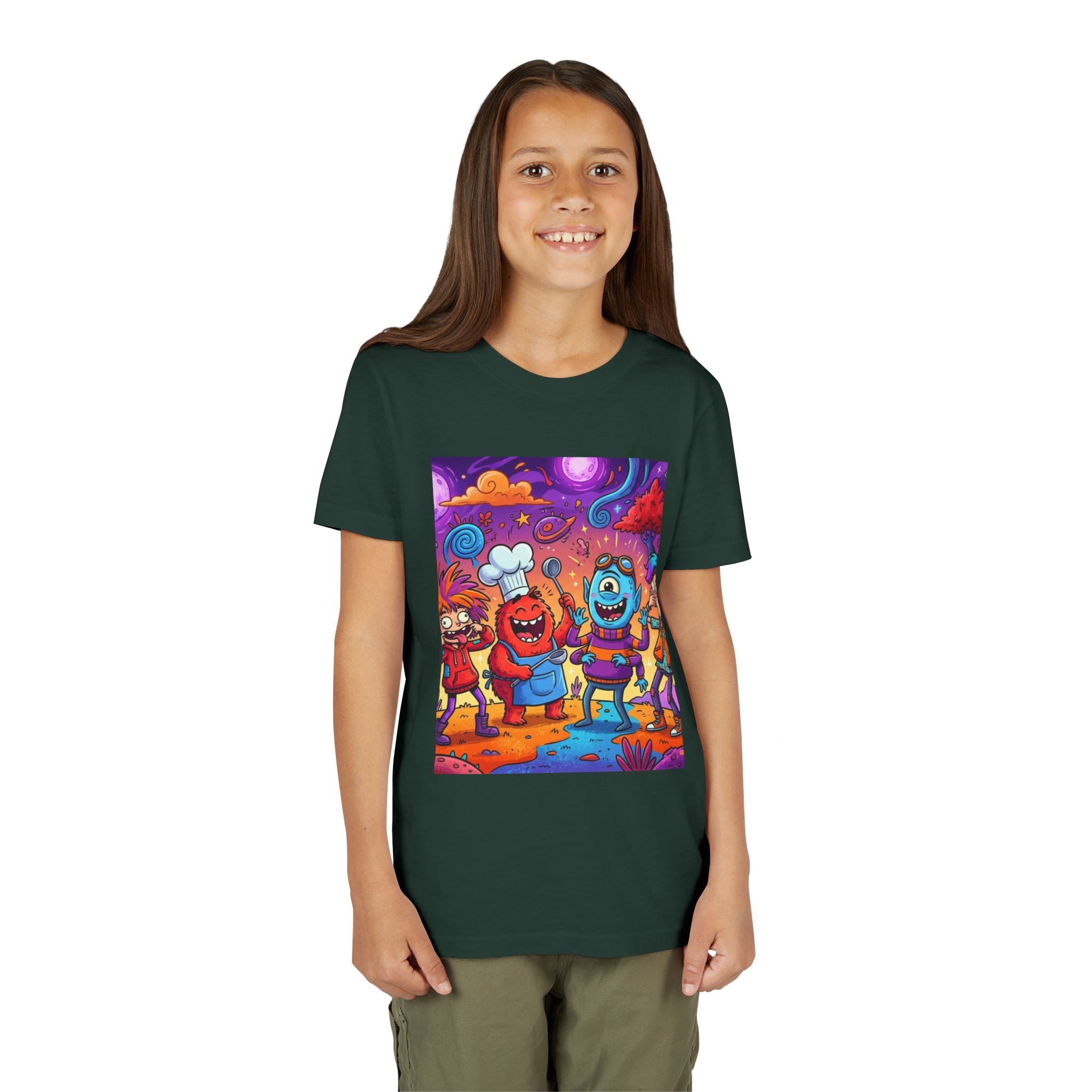 Funny Character Crew Youth Tee — Colorful Crazy Faces Graphic