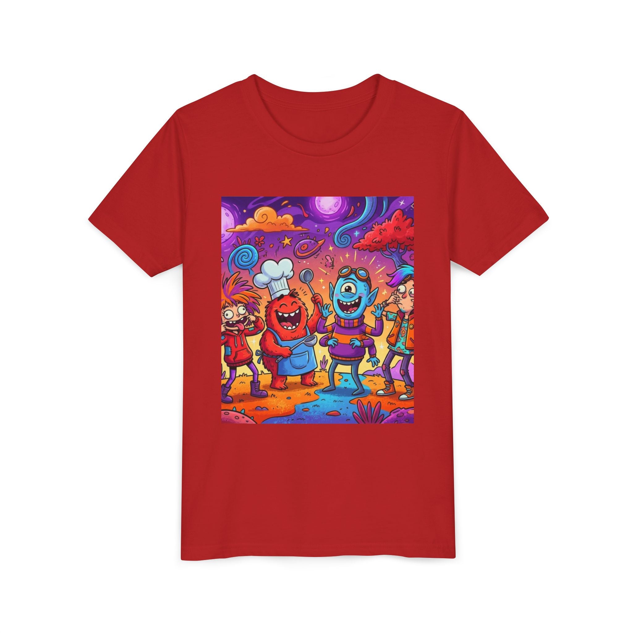 Funny Character Crew Youth Tee — Colorful Crazy Faces Graphic