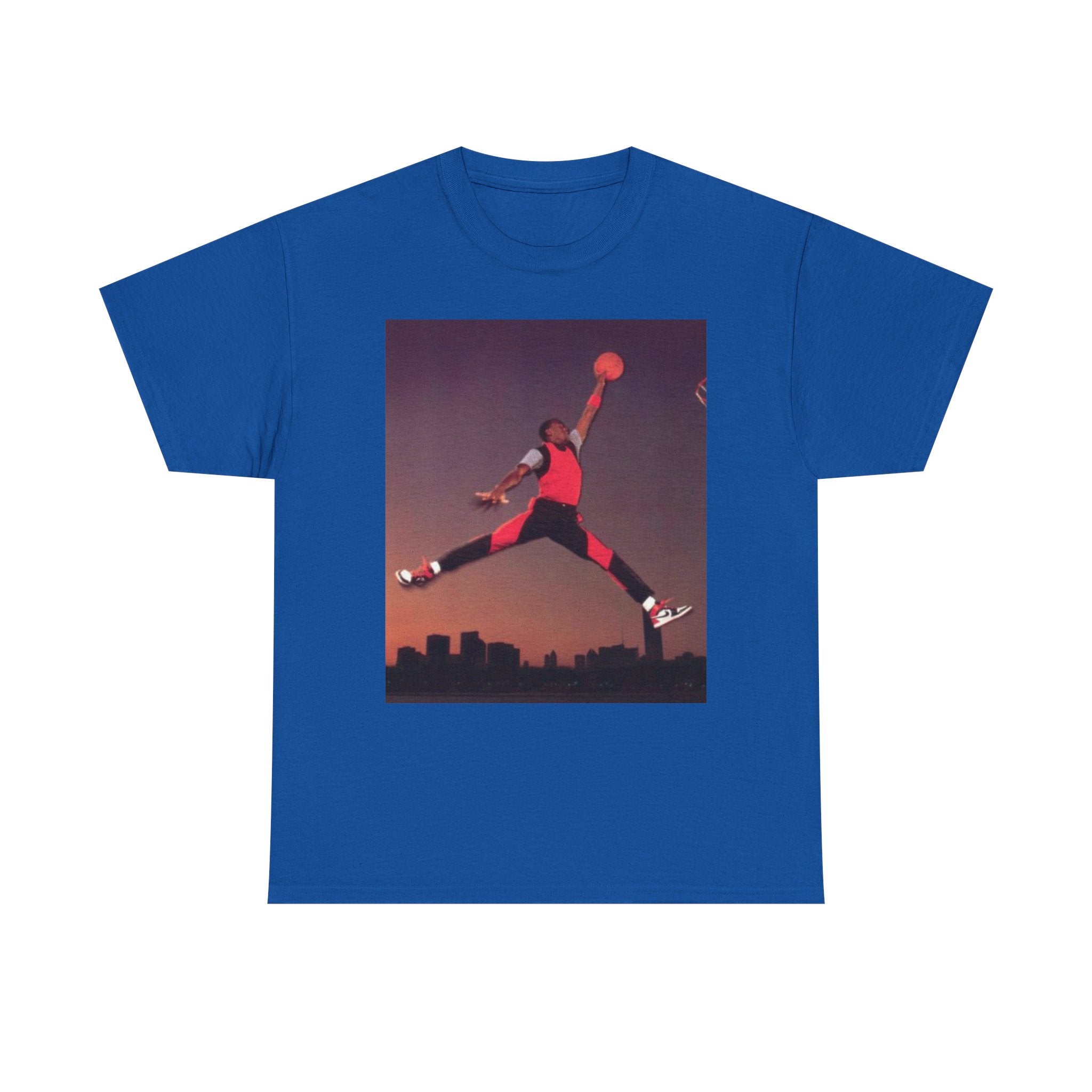 Basketball Jumpman Tee — Retro Skyline Graphic T-Shirt with Red Fist Back Emblem