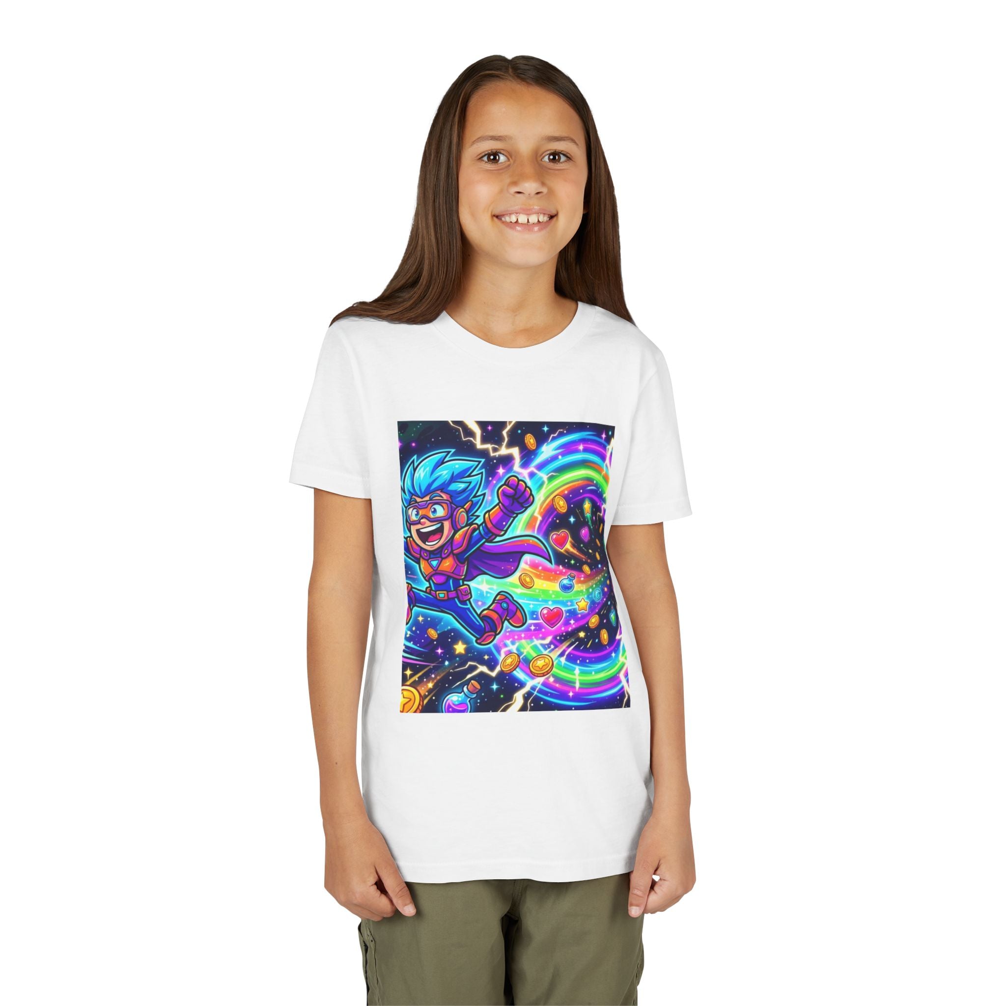 Retro Pixel Explosion Youth Tee — Smiling Avatar, Hearts, Gems & Controllers