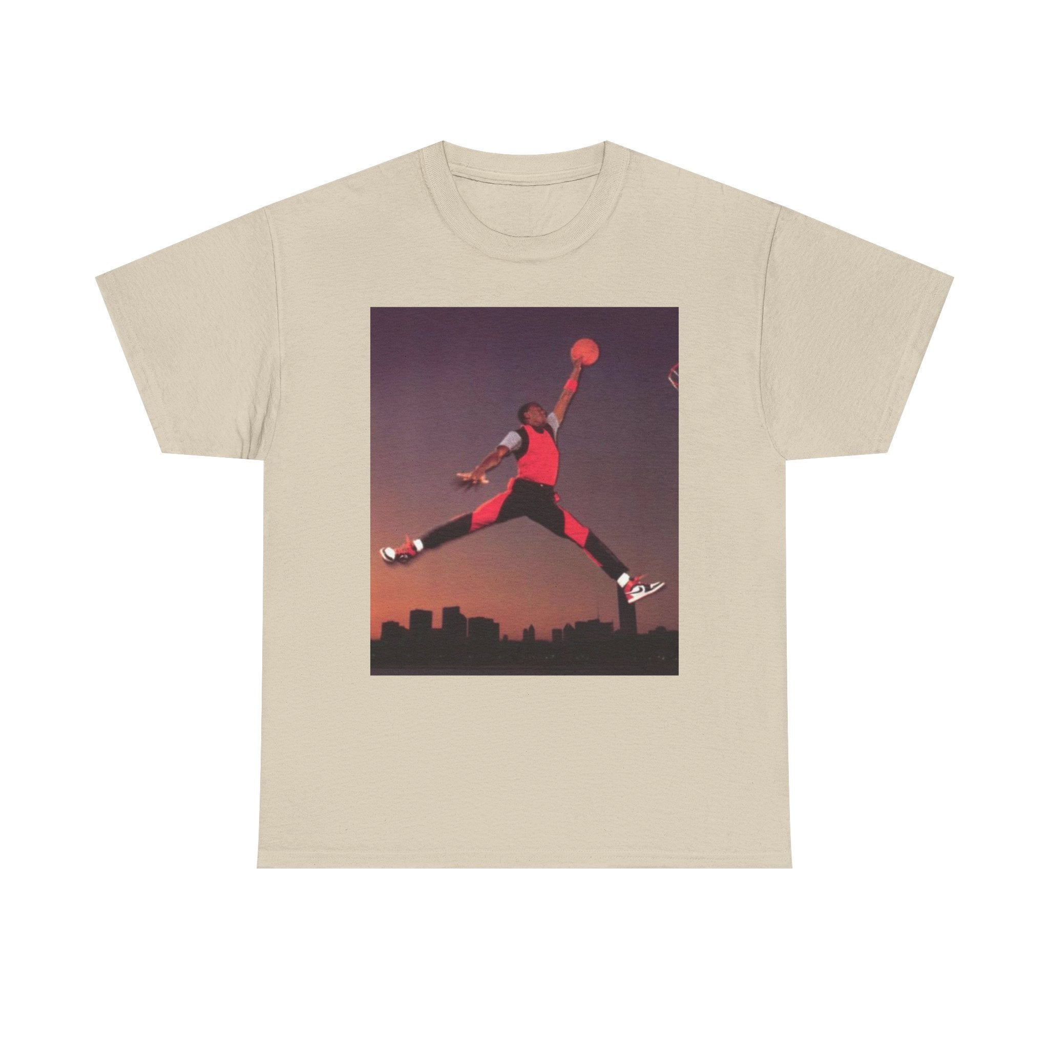 Basketball Jumpman Tee — Retro Skyline Graphic T-Shirt with Red Fist Back Emblem