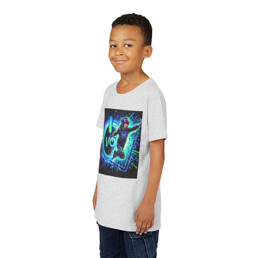 Neon Power Button Tee — Gamer Screen Escape Youth T-Shirt