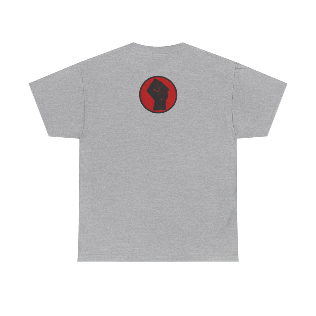Basketball Jumpman Tee — Retro Skyline Graphic T-Shirt with Red Fist Back Emblem