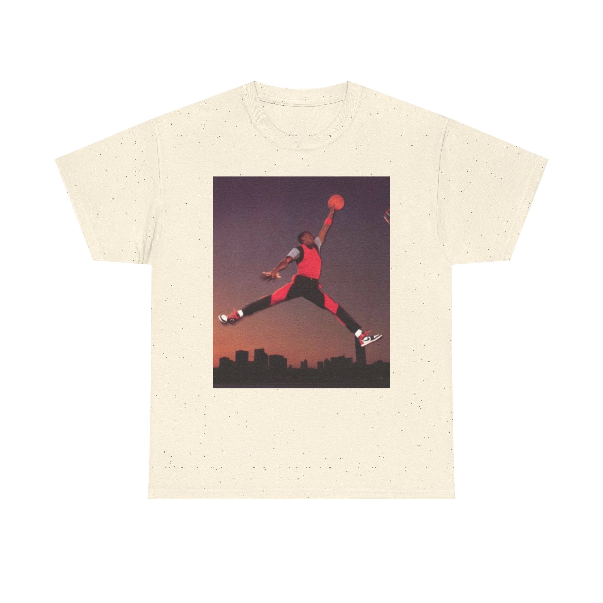 Basketball Jumpman Tee — Retro Skyline Graphic T-Shirt with Red Fist Back Emblem