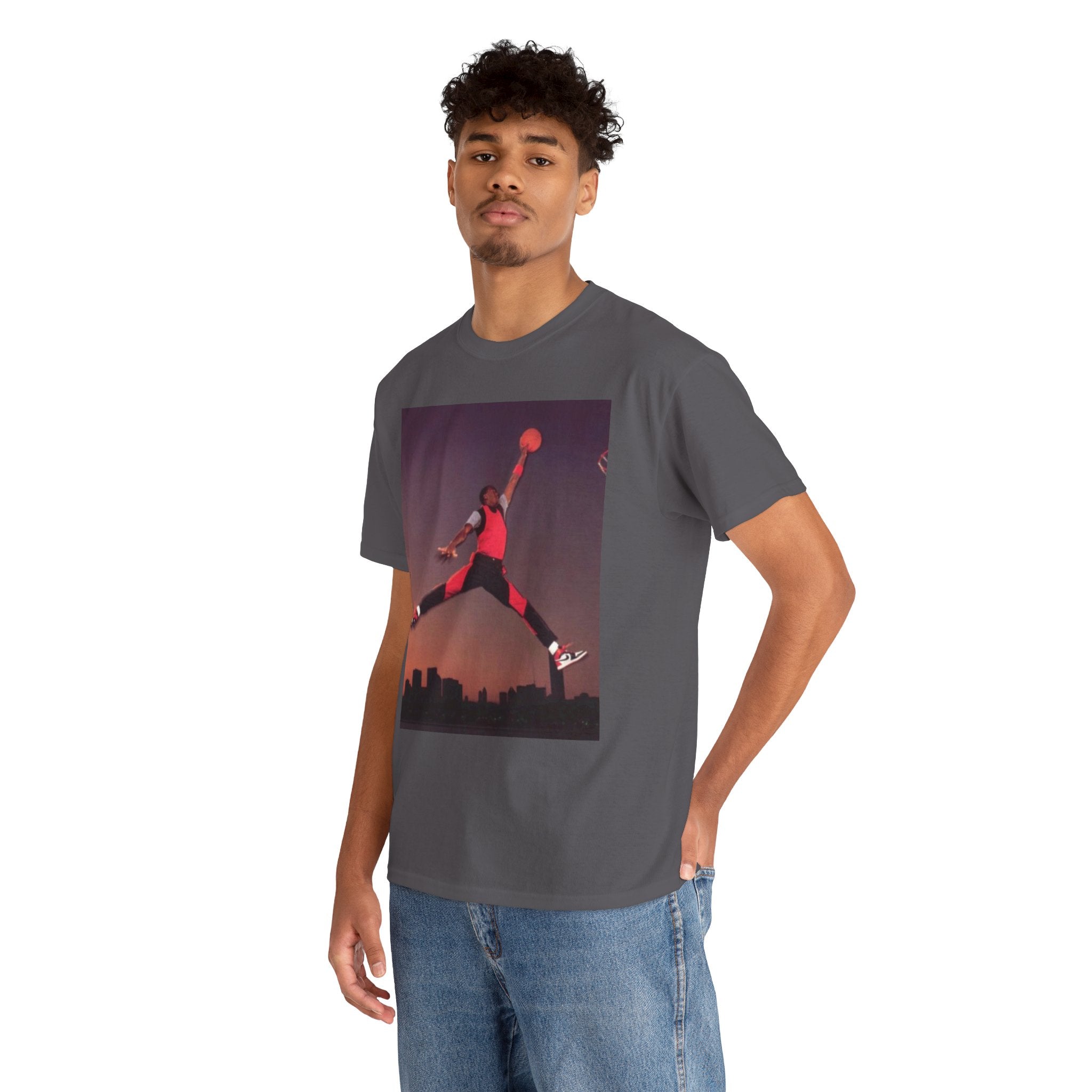 Basketball Jumpman Tee — Retro Skyline Graphic T-Shirt with Red Fist Back Emblem