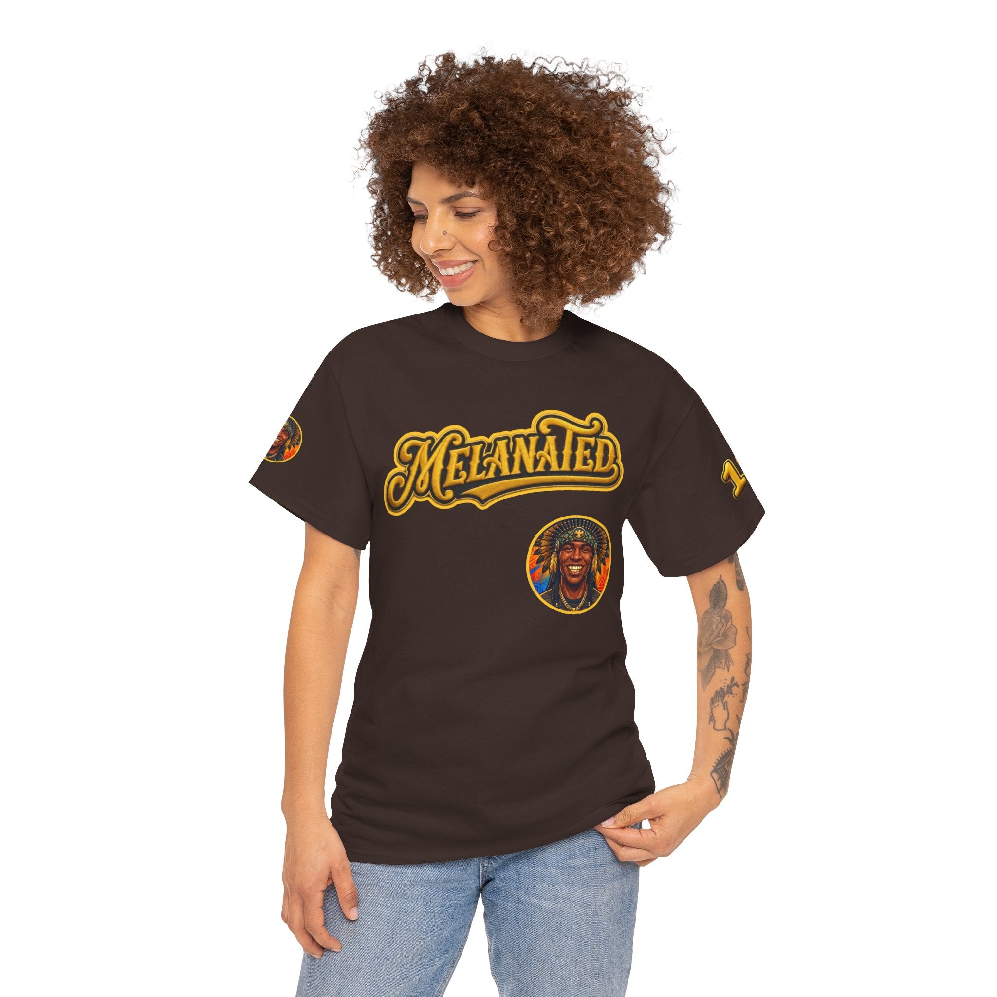 Melanated 19 Graphic Tee — Retro Script Logo & Gold Number Baseball Shirt