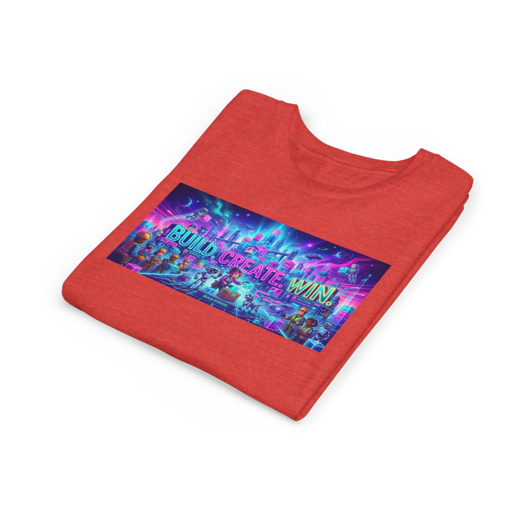 Youth Tee — “BUILD. CREATE. WIN.” Neon Builder City Design