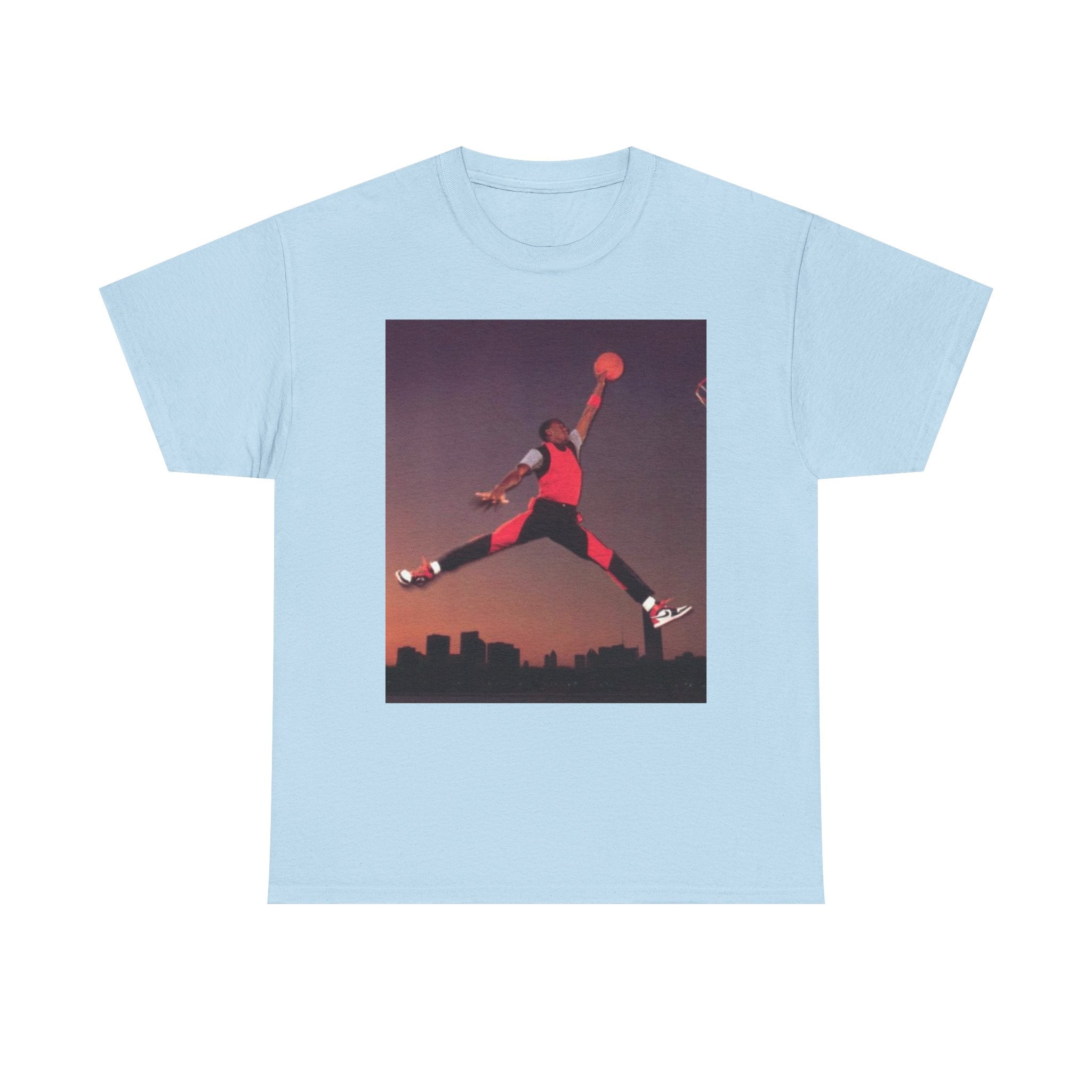 Basketball Jumpman Tee — Retro Skyline Graphic T-Shirt with Red Fist Back Emblem