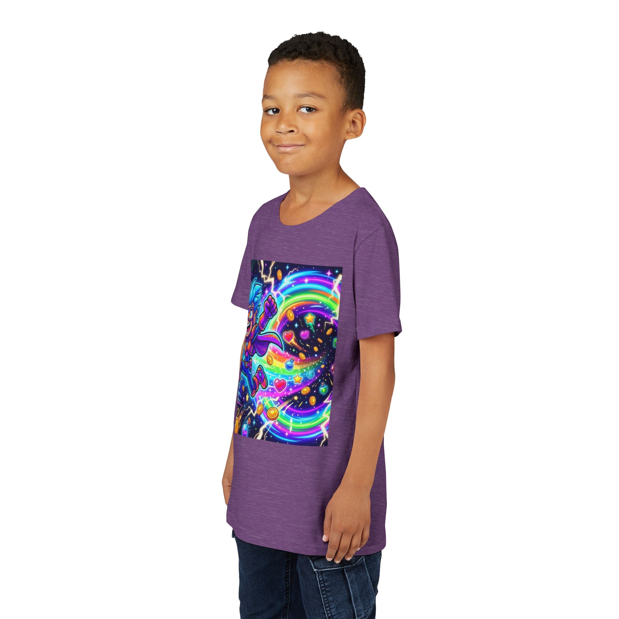 Retro Pixel Explosion Youth Tee — Smiling Avatar, Hearts, Gems & Controllers