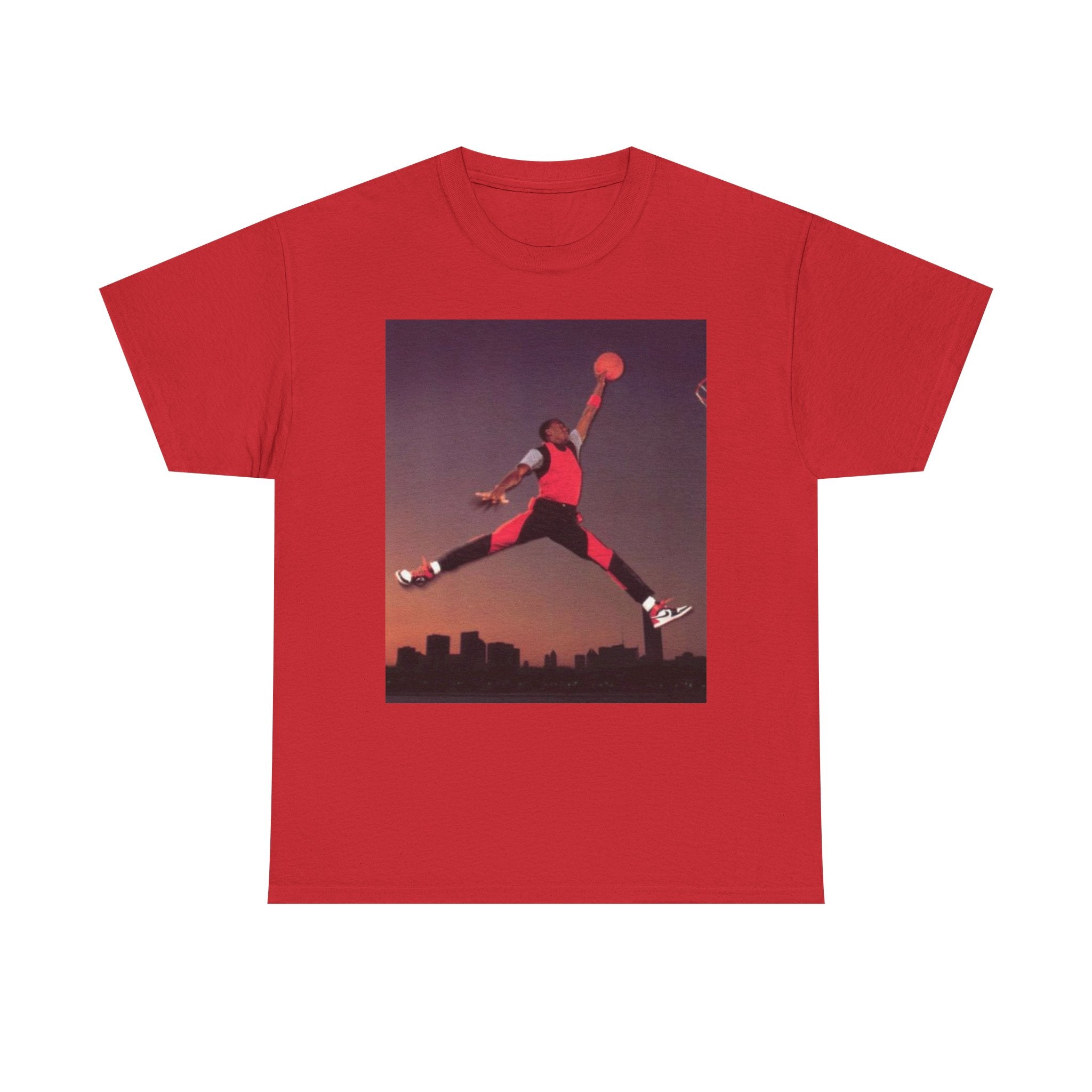 Basketball Jumpman Tee — Retro Skyline Graphic T-Shirt with Red Fist Back Emblem