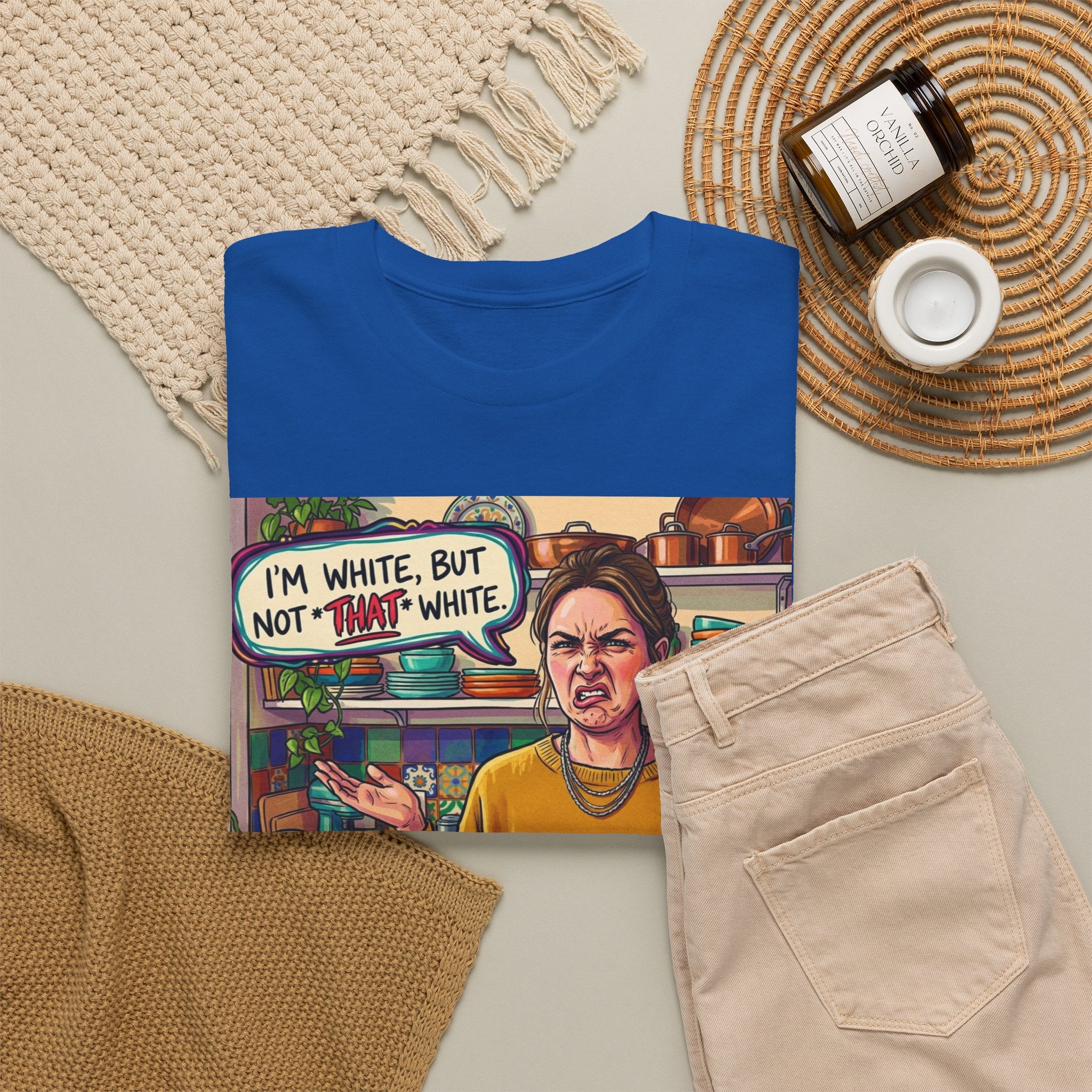 Graphic Tee — "I'm White, But Not THAT White" Illustration with Back Raised Fist Logo