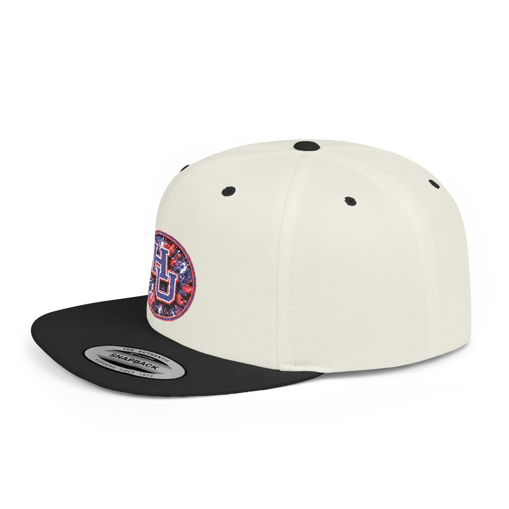 HU Logo Flat Bill Snapback Hat — Red & Blue Sequin Patch Cap