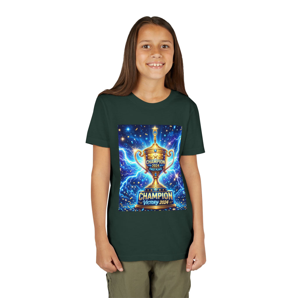 Youth Trophy Lightning Tee — Winning Kids' Short Sleeve Shirt with Stars & Confetti