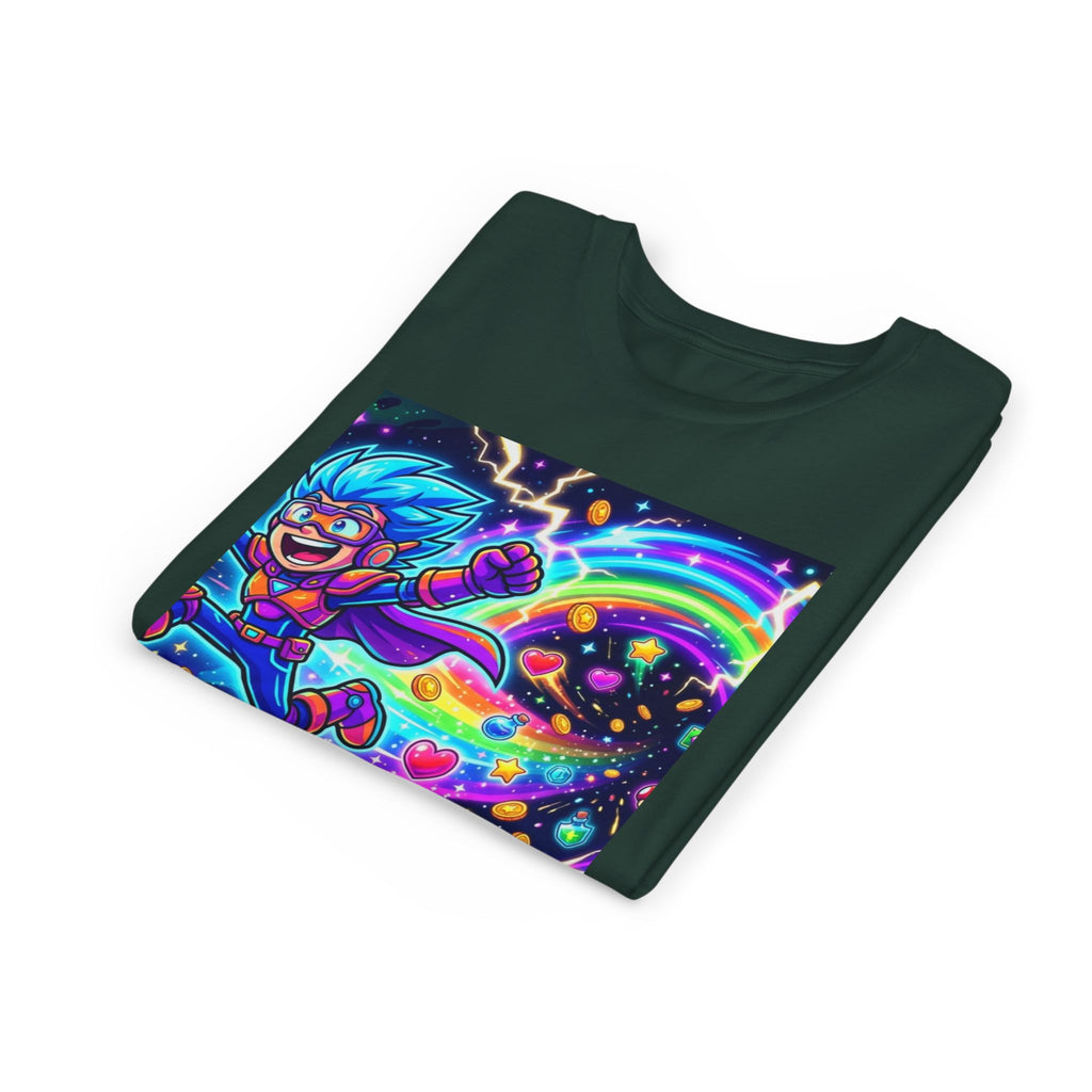 Retro Pixel Explosion Youth Tee — Smiling Avatar, Hearts, Gems & Controllers