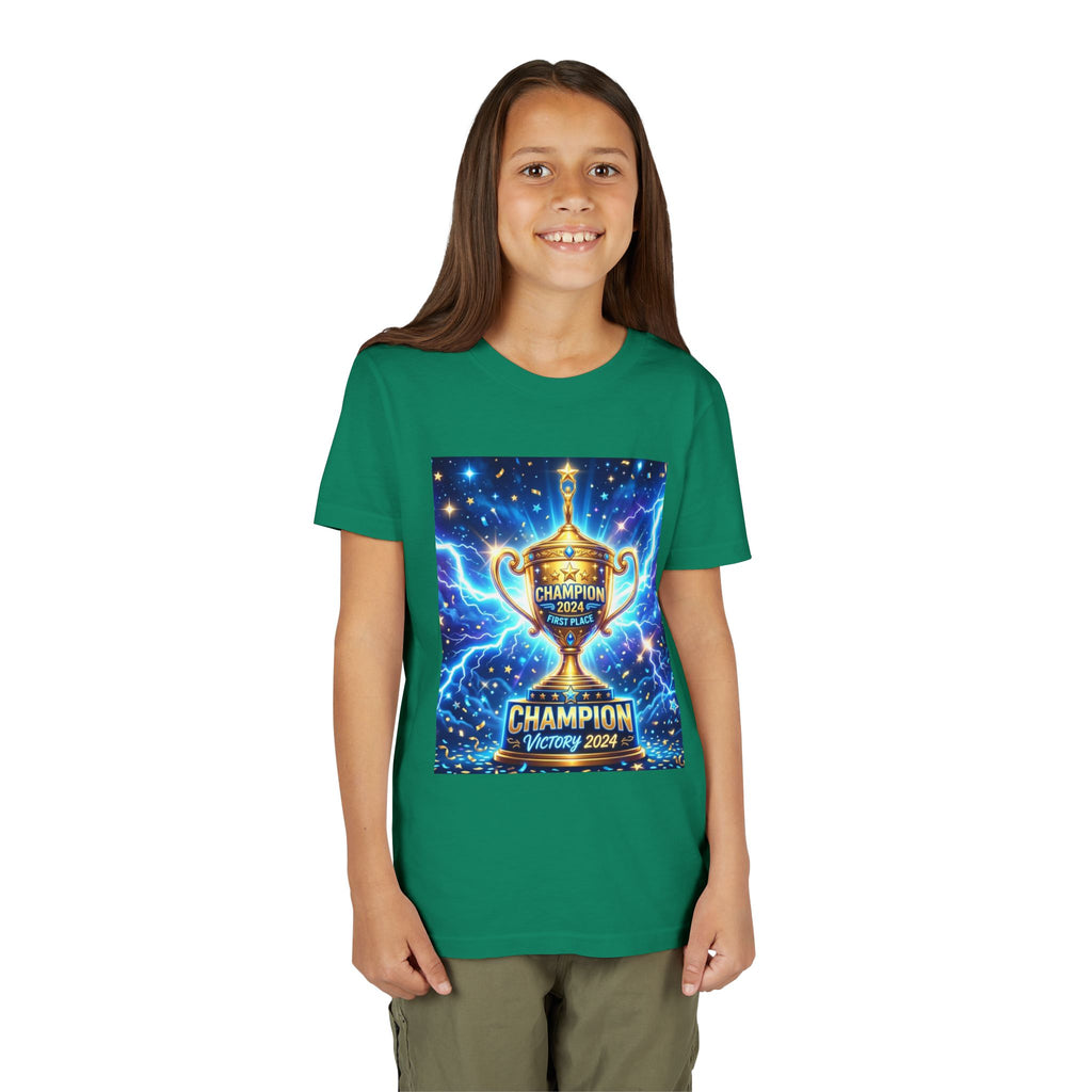 Youth Trophy Lightning Tee — Winning Kids' Short Sleeve Shirt with Stars & Confetti