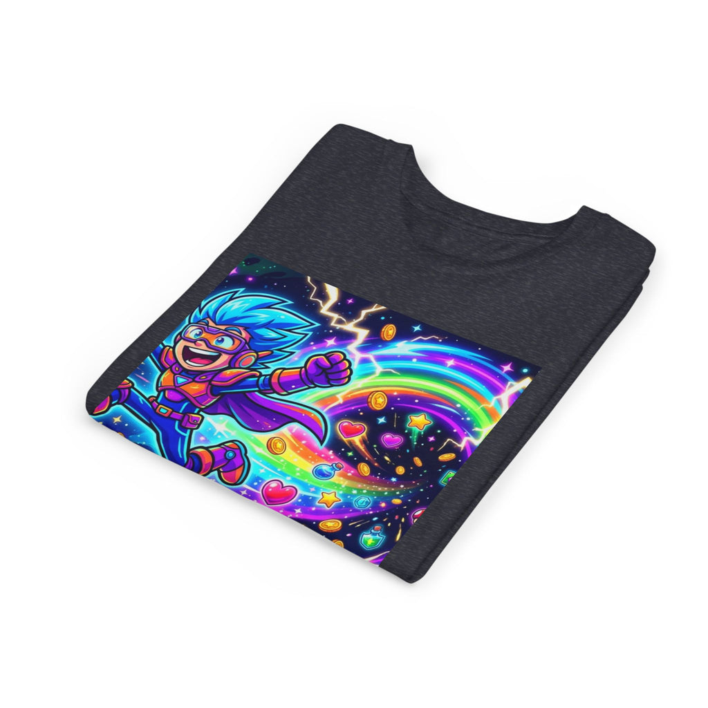 Retro Pixel Explosion Youth Tee — Smiling Avatar, Hearts, Gems & Controllers