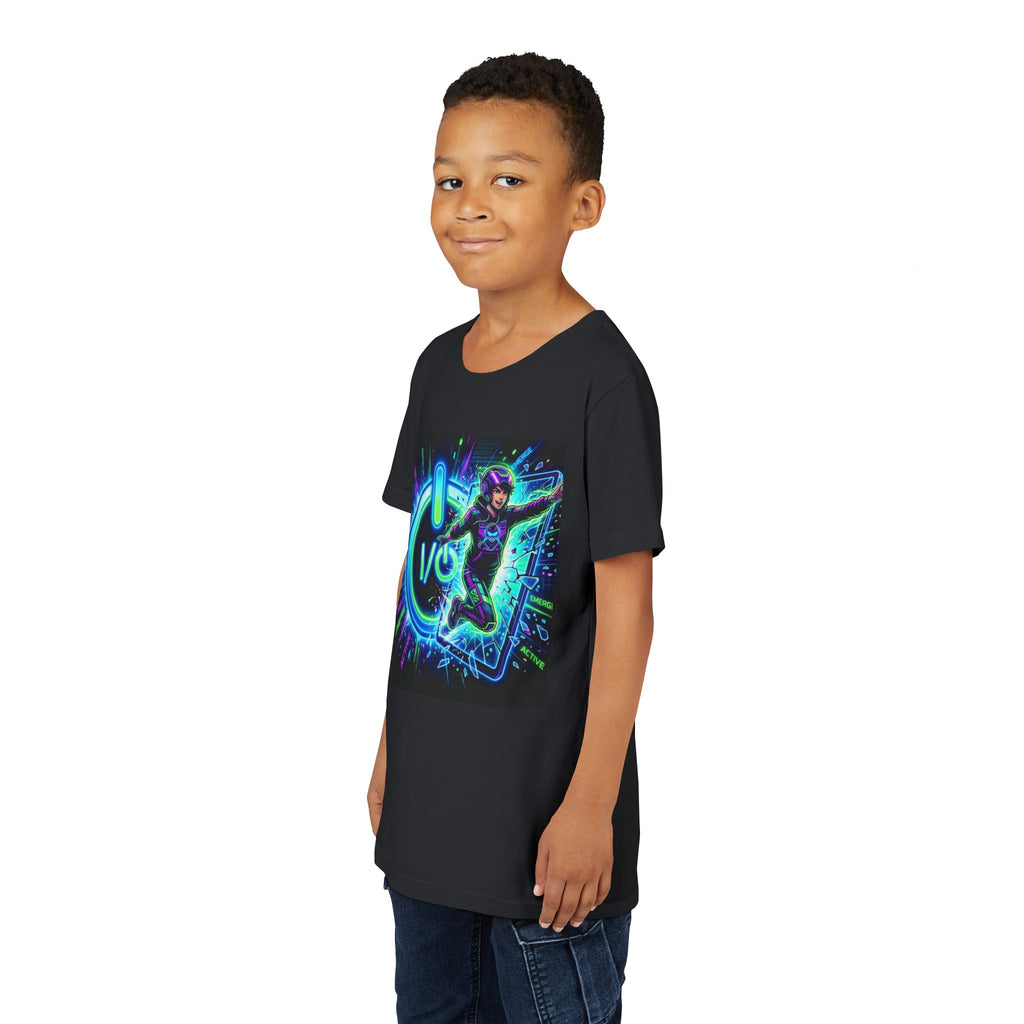 Neon Power Button Tee — Gamer Screen Escape Youth T-Shirt