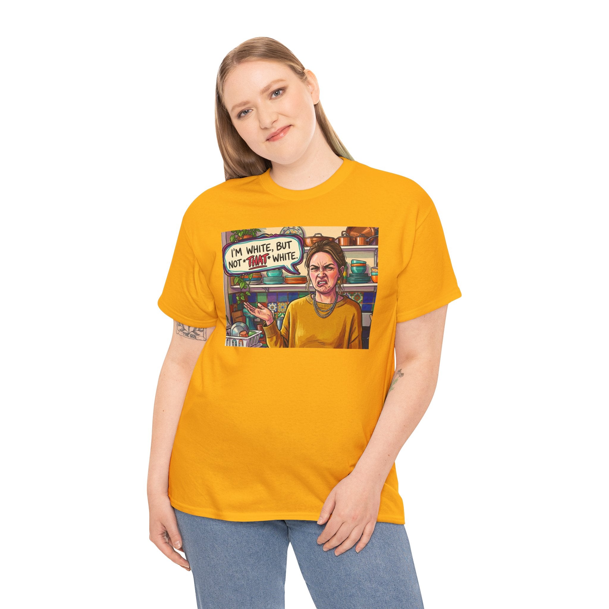 Graphic Tee — "I'm White, But Not THAT White" Illustration with Back Raised Fist Logo