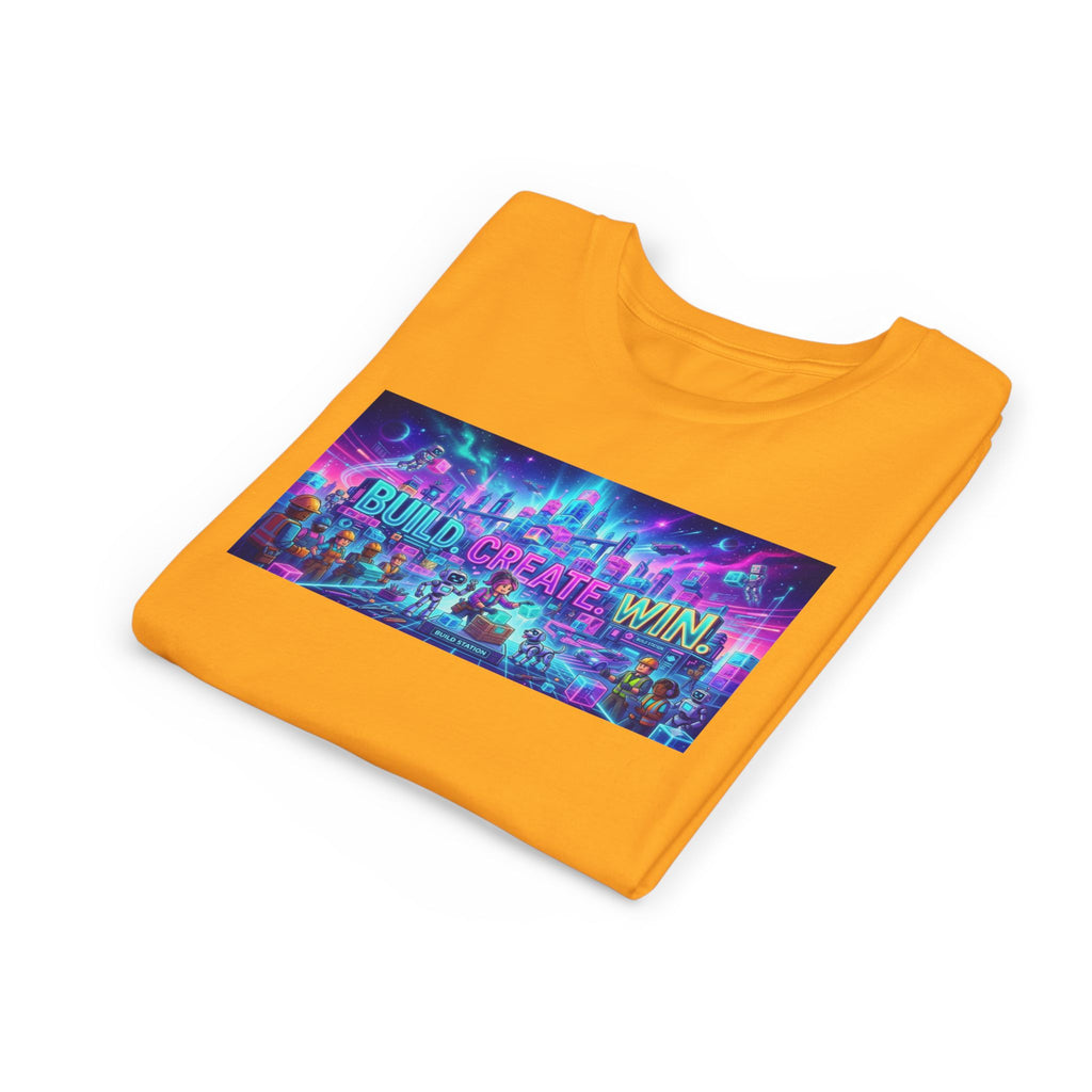 Youth Tee — “BUILD. CREATE. WIN.” Neon Builder City Design