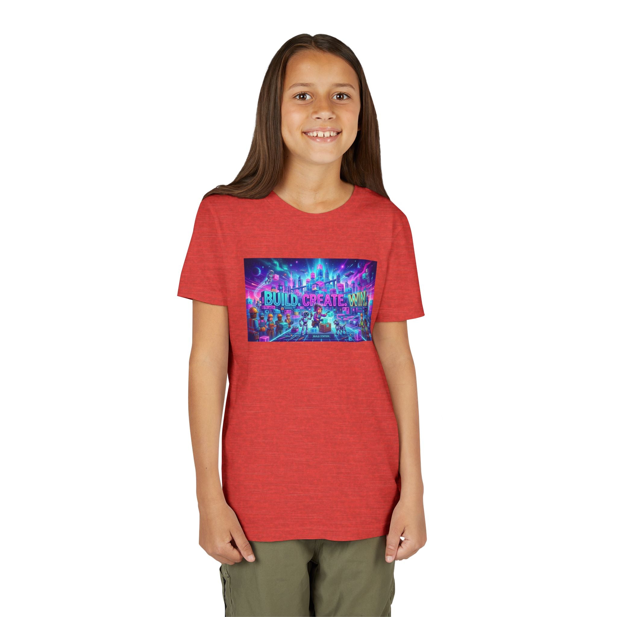Youth Tee — “BUILD. CREATE. WIN.” Neon Builder City Design