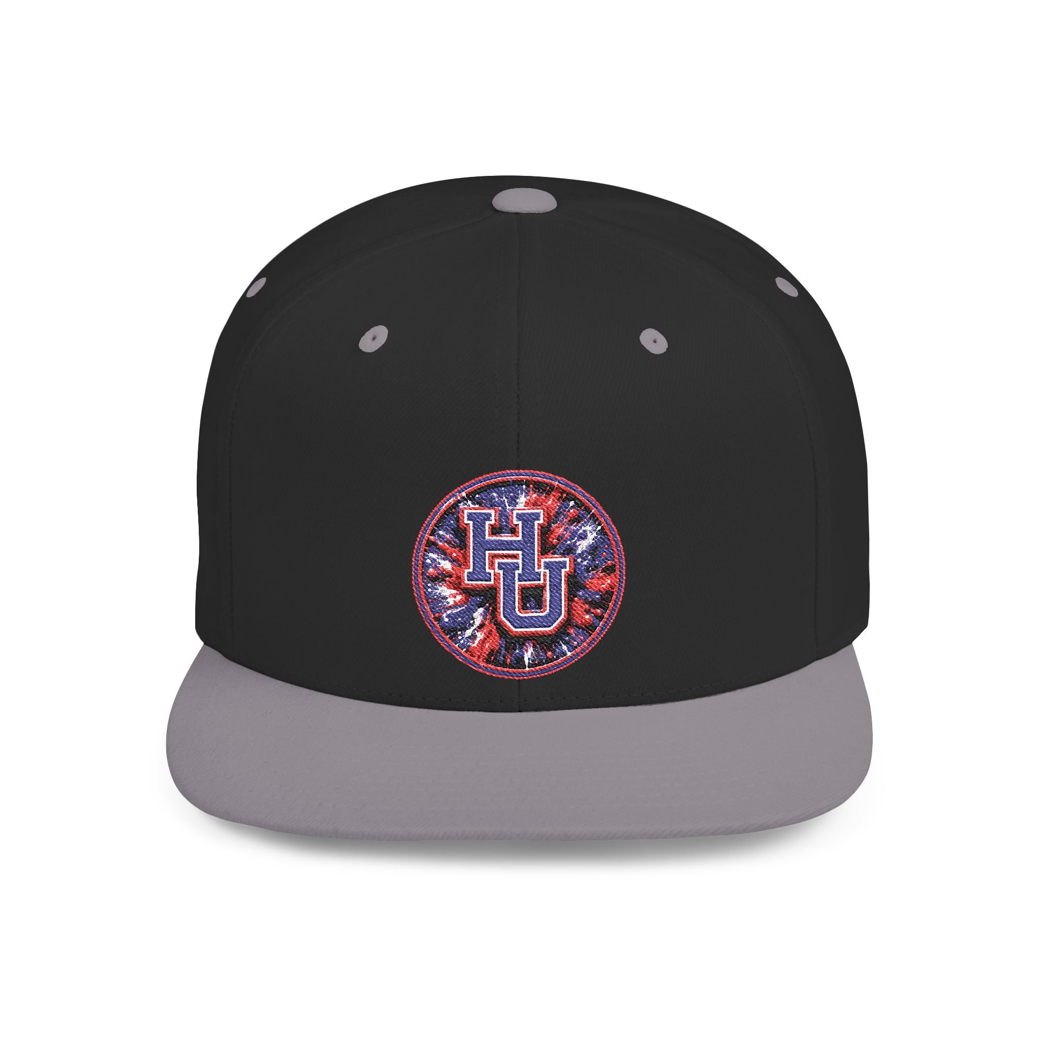 HU Logo Flat Bill Snapback Hat — Red & Blue Sequin Patch Cap
