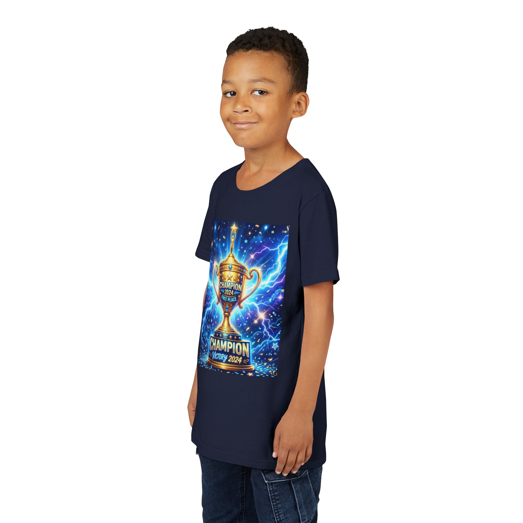 Youth Trophy Lightning Tee — Winning Kids' Short Sleeve Shirt with Stars & Confetti