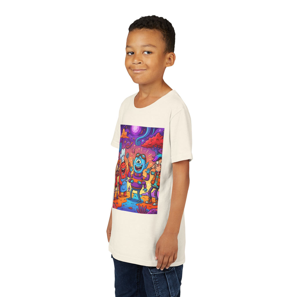 Funny Character Crew Youth Tee — Colorful Crazy Faces Graphic