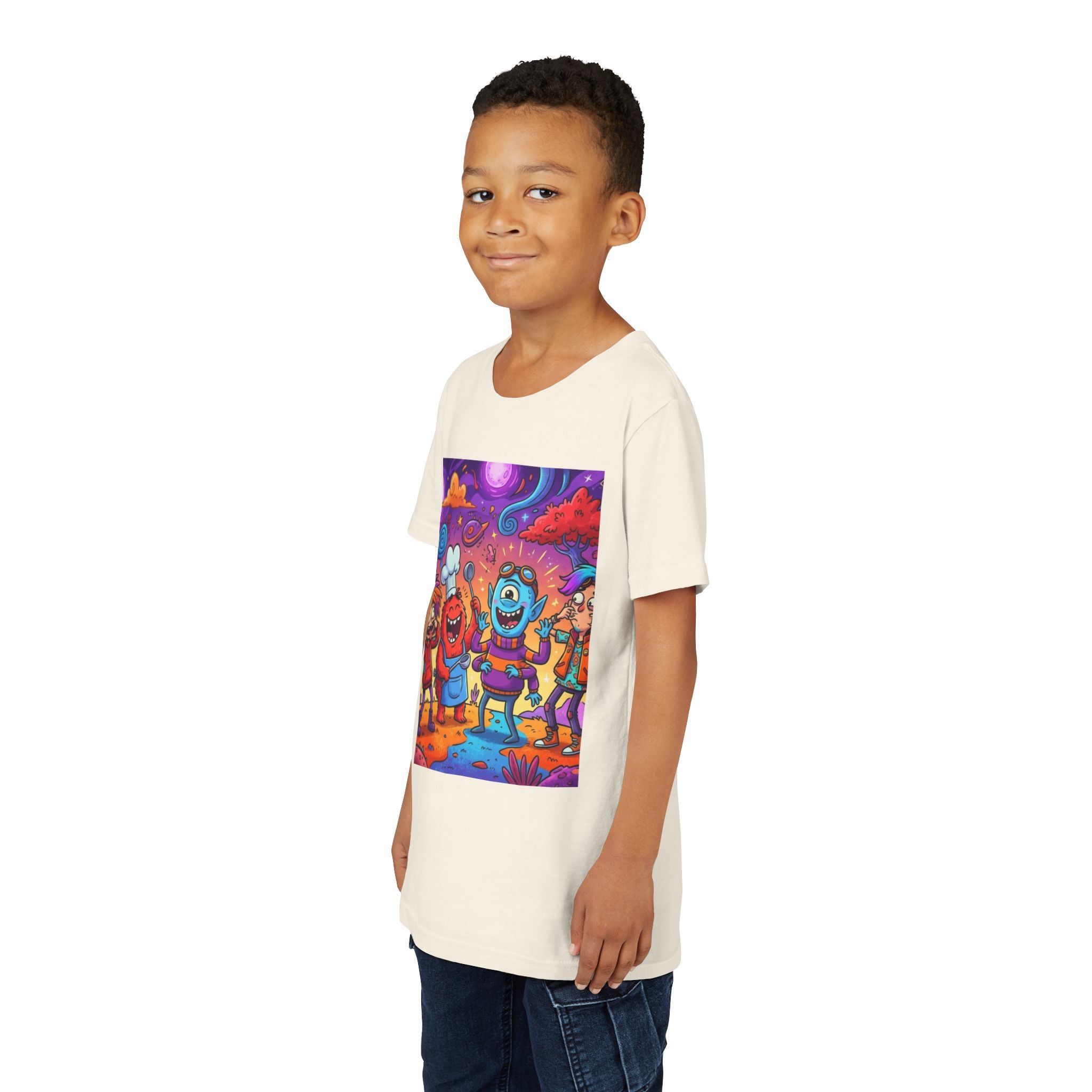 Funny Character Crew Youth Tee — Colorful Crazy Faces Graphic