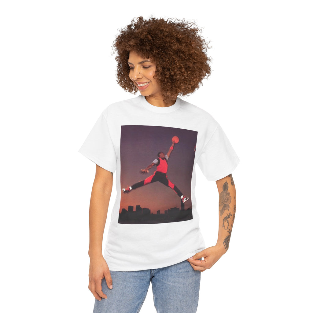 Basketball Jumpman Tee — Retro Skyline Graphic T-Shirt with Red Fist Back Emblem