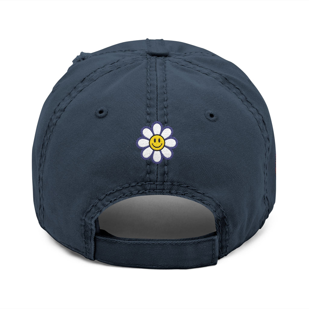 Distressed Embroidered Dad Hat — Retro Rainbow Fist & Smiley Daisy Cap