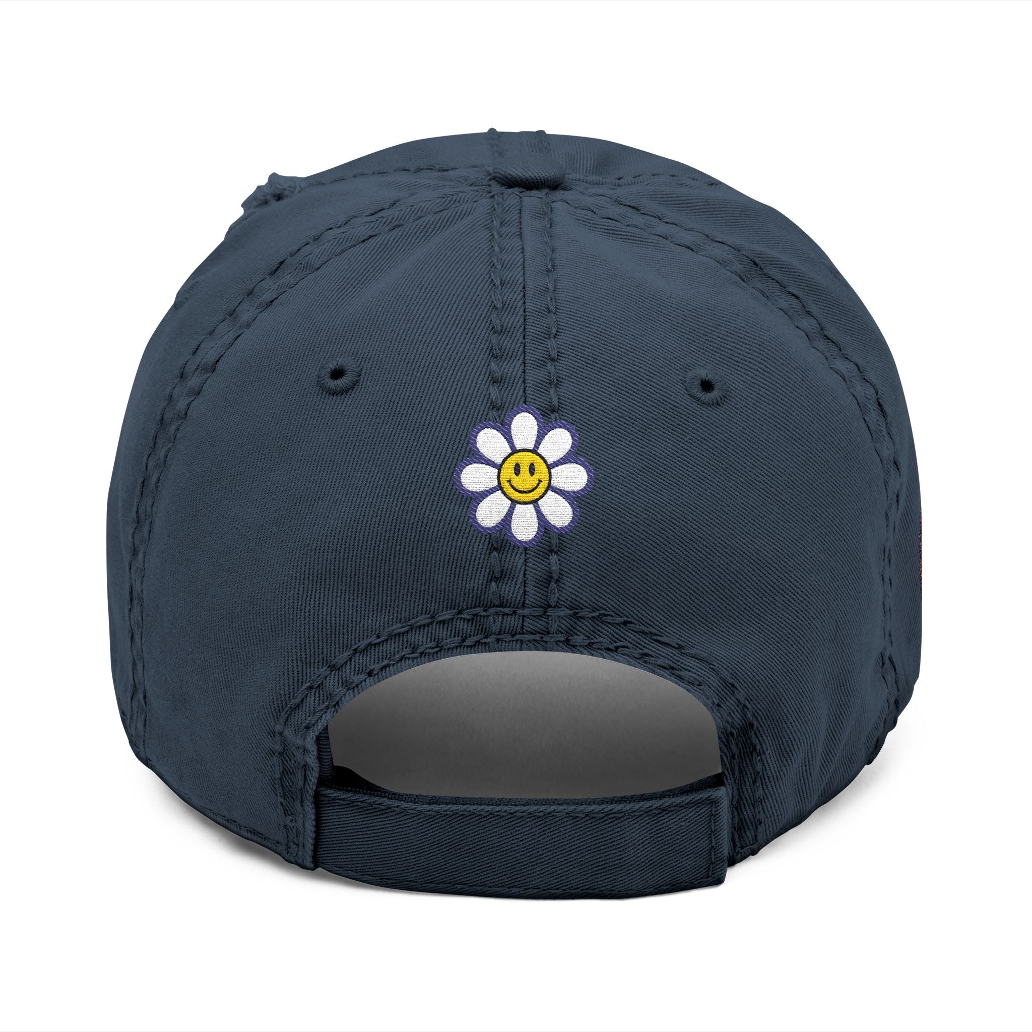 Distressed Embroidered Dad Hat — Retro Rainbow Fist & Smiley Daisy Cap