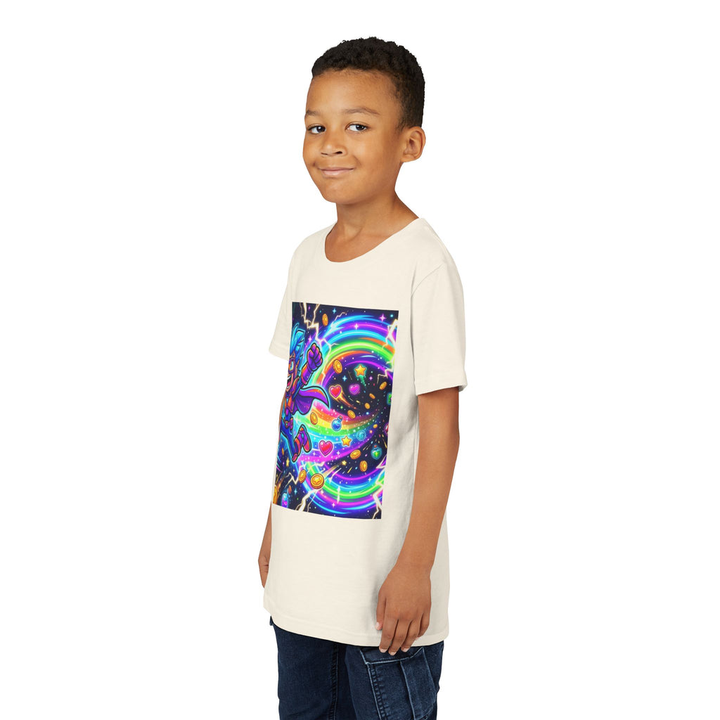 Retro Pixel Explosion Youth Tee — Smiling Avatar, Hearts, Gems & Controllers