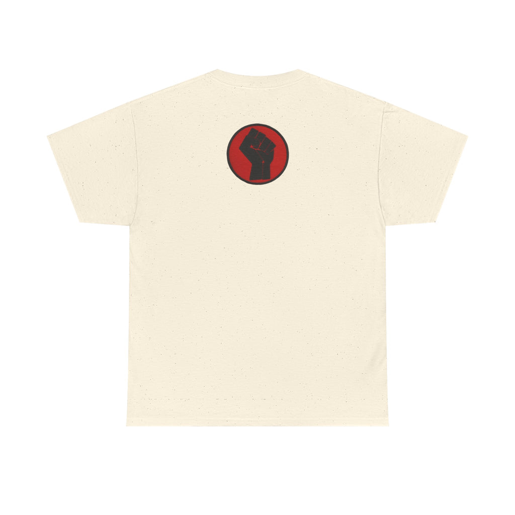 Basketball Jumpman Tee — Retro Skyline Graphic T-Shirt with Red Fist Back Emblem