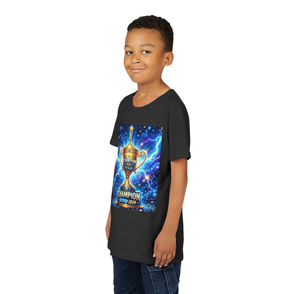 Youth Trophy Lightning Tee — Winning Kids' Short Sleeve Shirt with Stars & Confetti