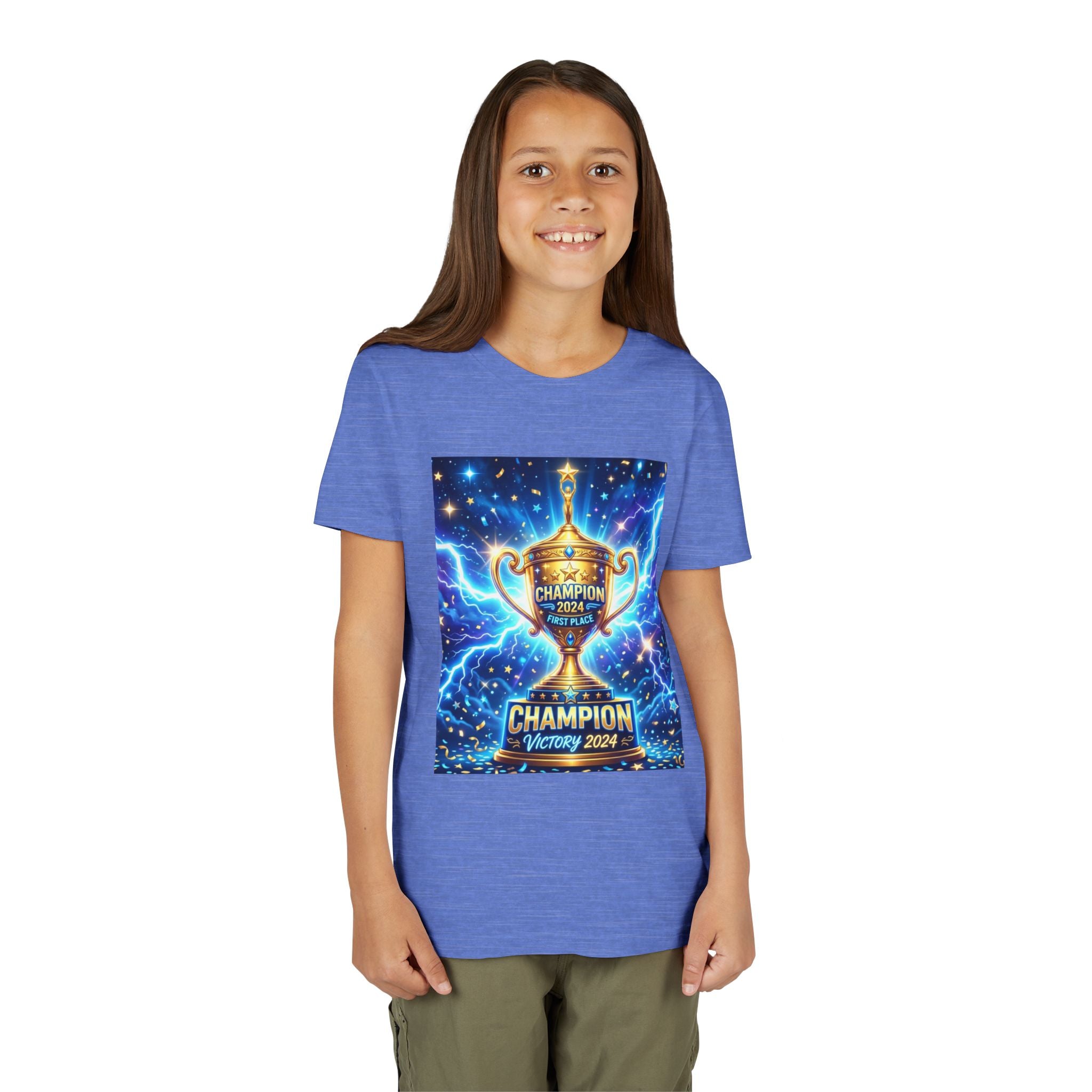 Youth Trophy Lightning Tee — Winning Kids' Short Sleeve Shirt with Stars & Confetti