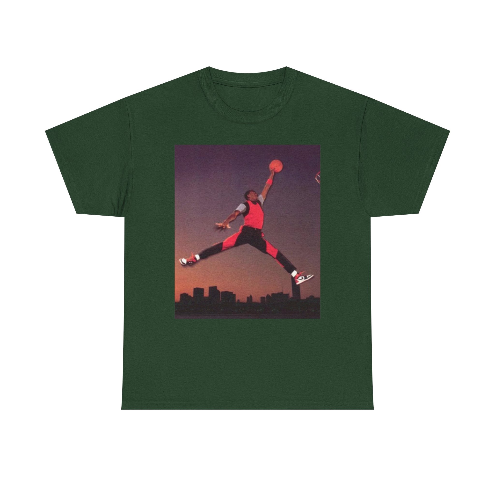Basketball Jumpman Tee — Retro Skyline Graphic T-Shirt with Red Fist Back Emblem