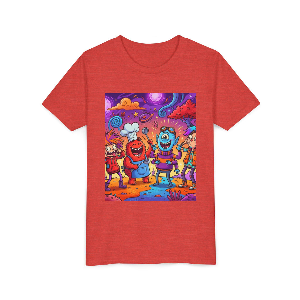 Funny Character Crew Youth Tee — Colorful Crazy Faces Graphic