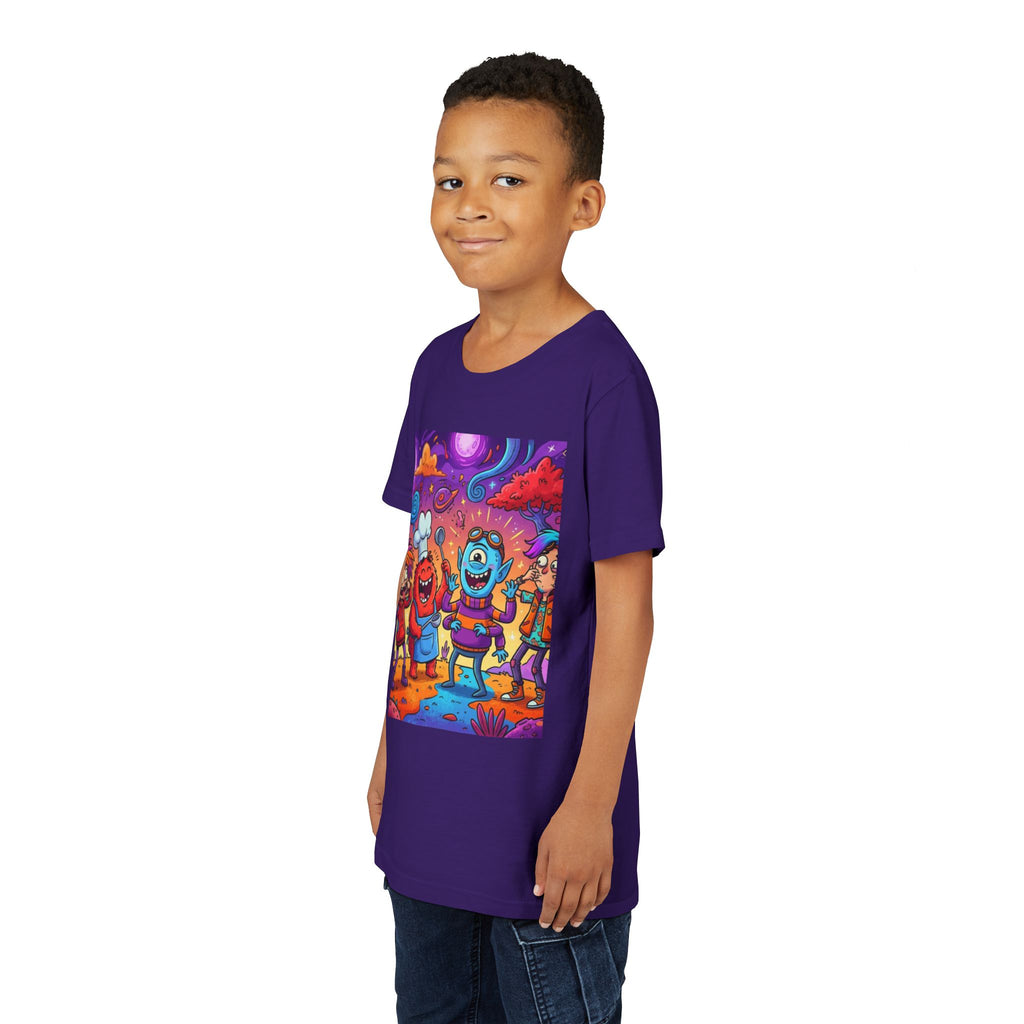 Funny Character Crew Youth Tee — Colorful Crazy Faces Graphic