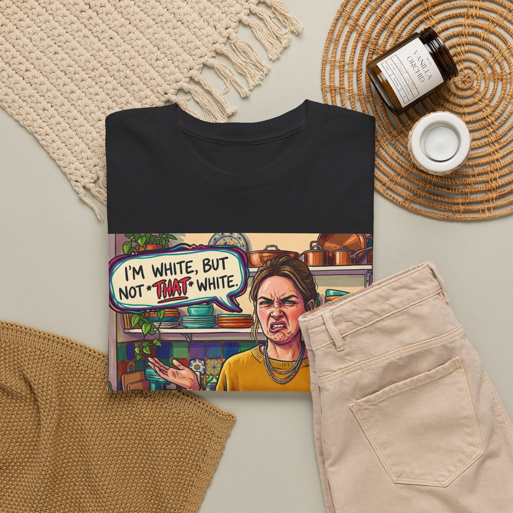 Graphic Tee — "I'm White, But Not THAT White" Illustration with Back Raised Fist Logo