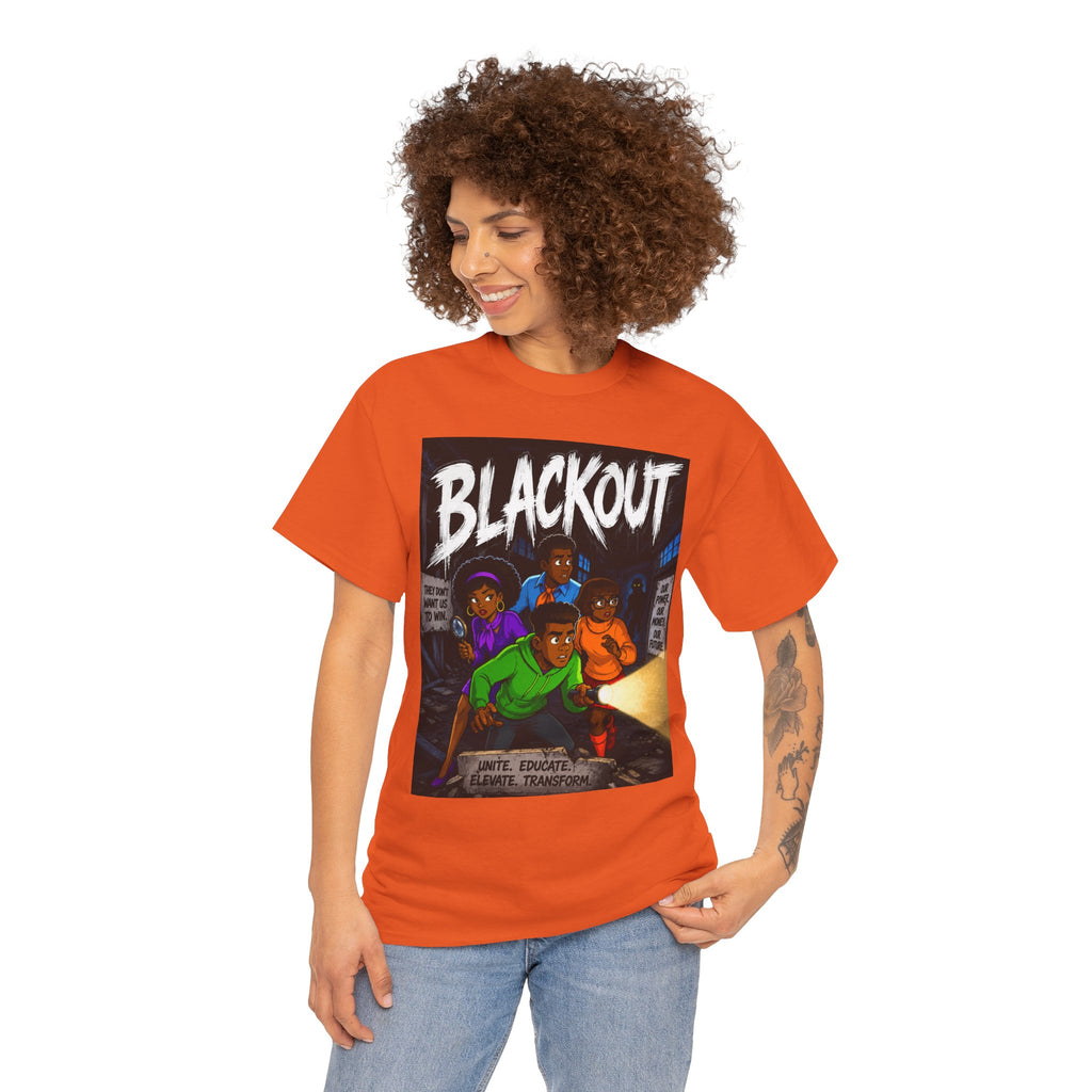 Blackout Graphic Tee — Urban Comic Poster Design with Back Fist Logo