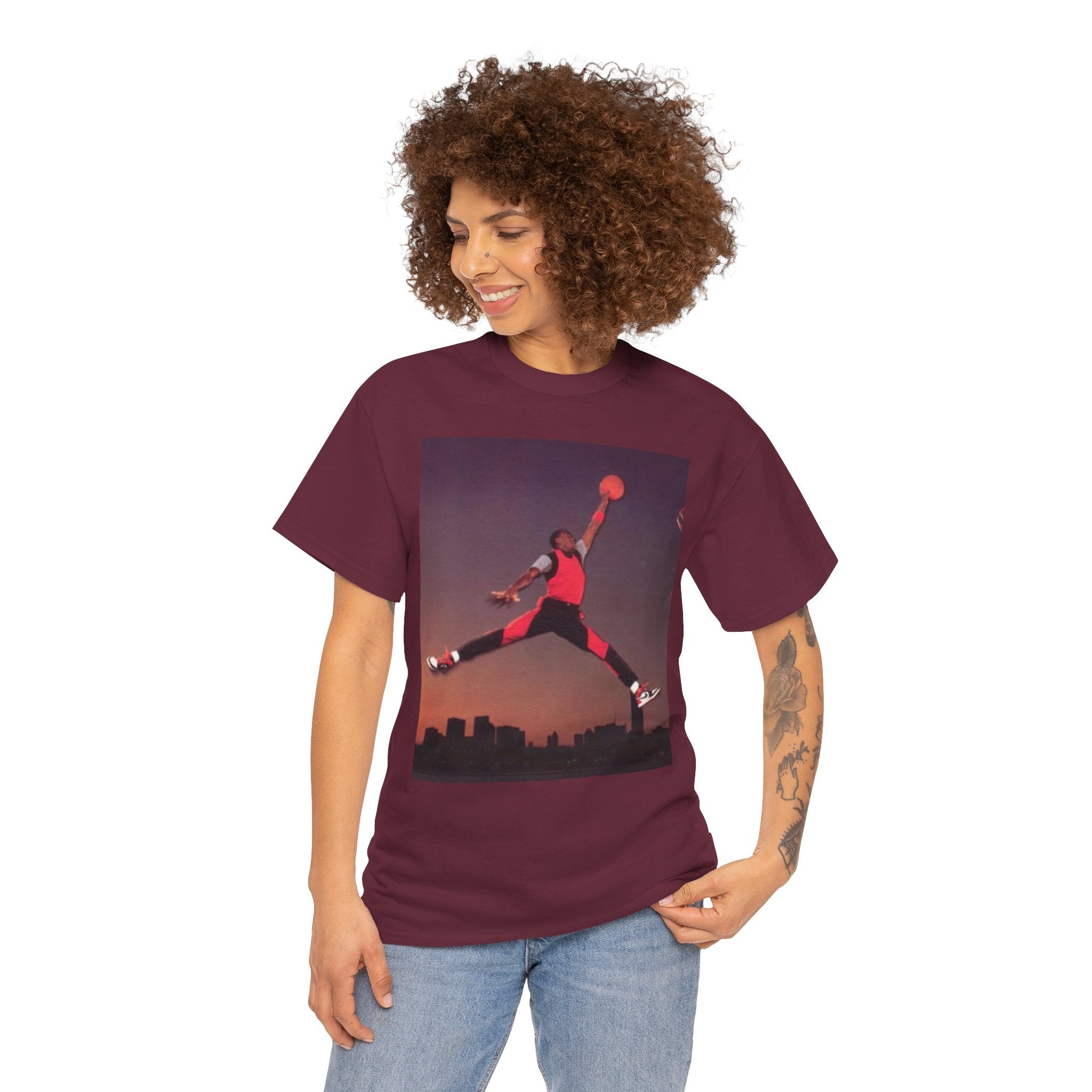 Basketball Jumpman Tee — Retro Skyline Graphic T-Shirt with Red Fist Back Emblem