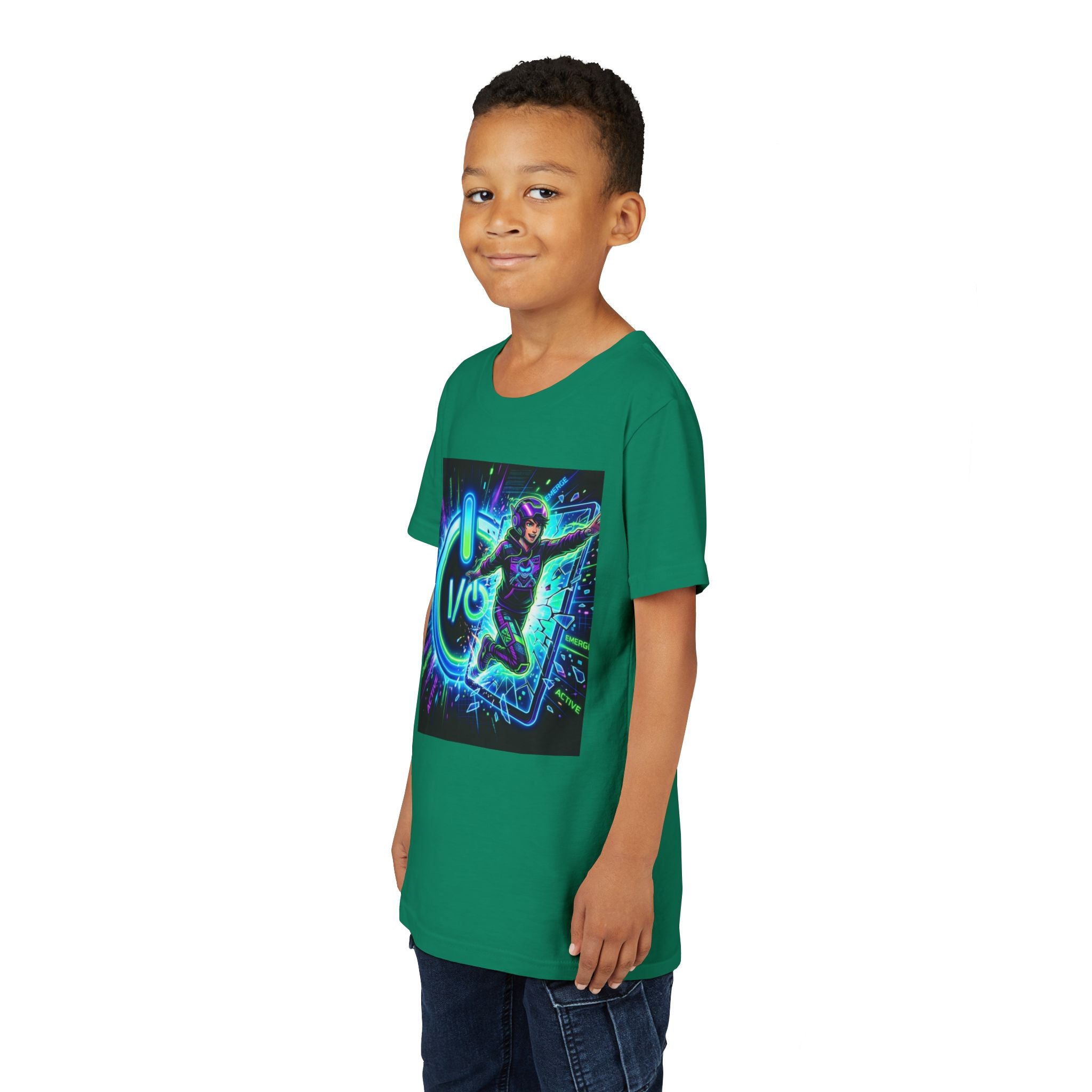 Neon Power Button Tee — Gamer Screen Escape Youth T-Shirt