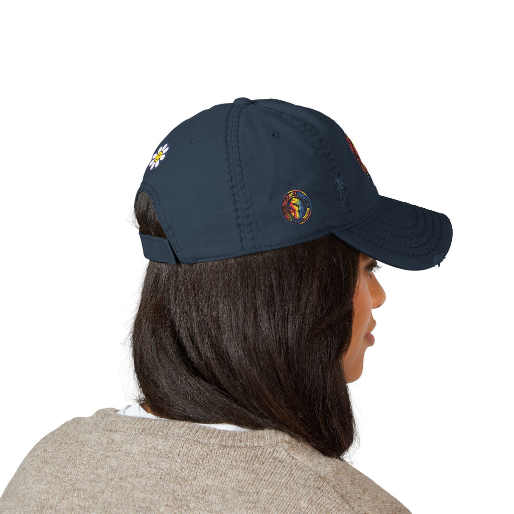 Distressed Embroidered Dad Hat — Retro Rainbow Fist & Smiley Daisy Cap