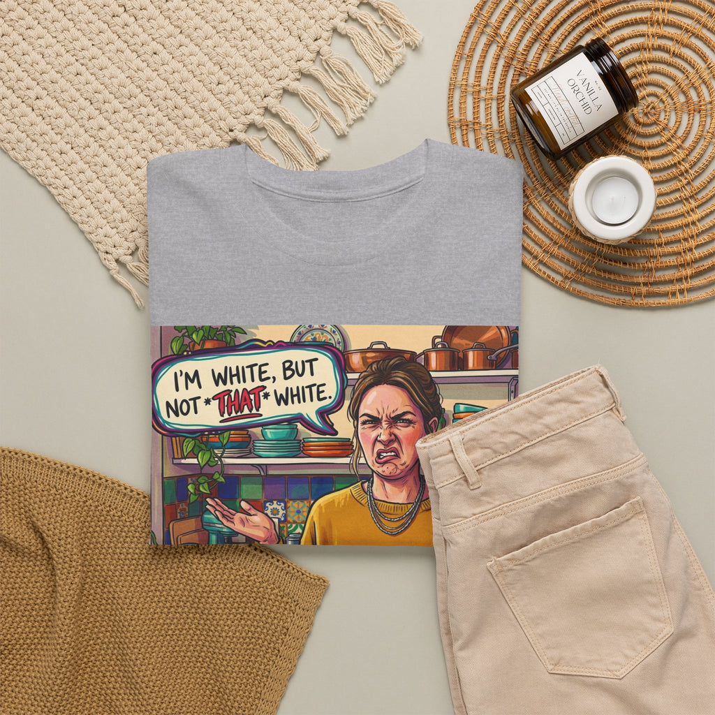 Graphic Tee — "I'm White, But Not THAT White" Illustration with Back Raised Fist Logo