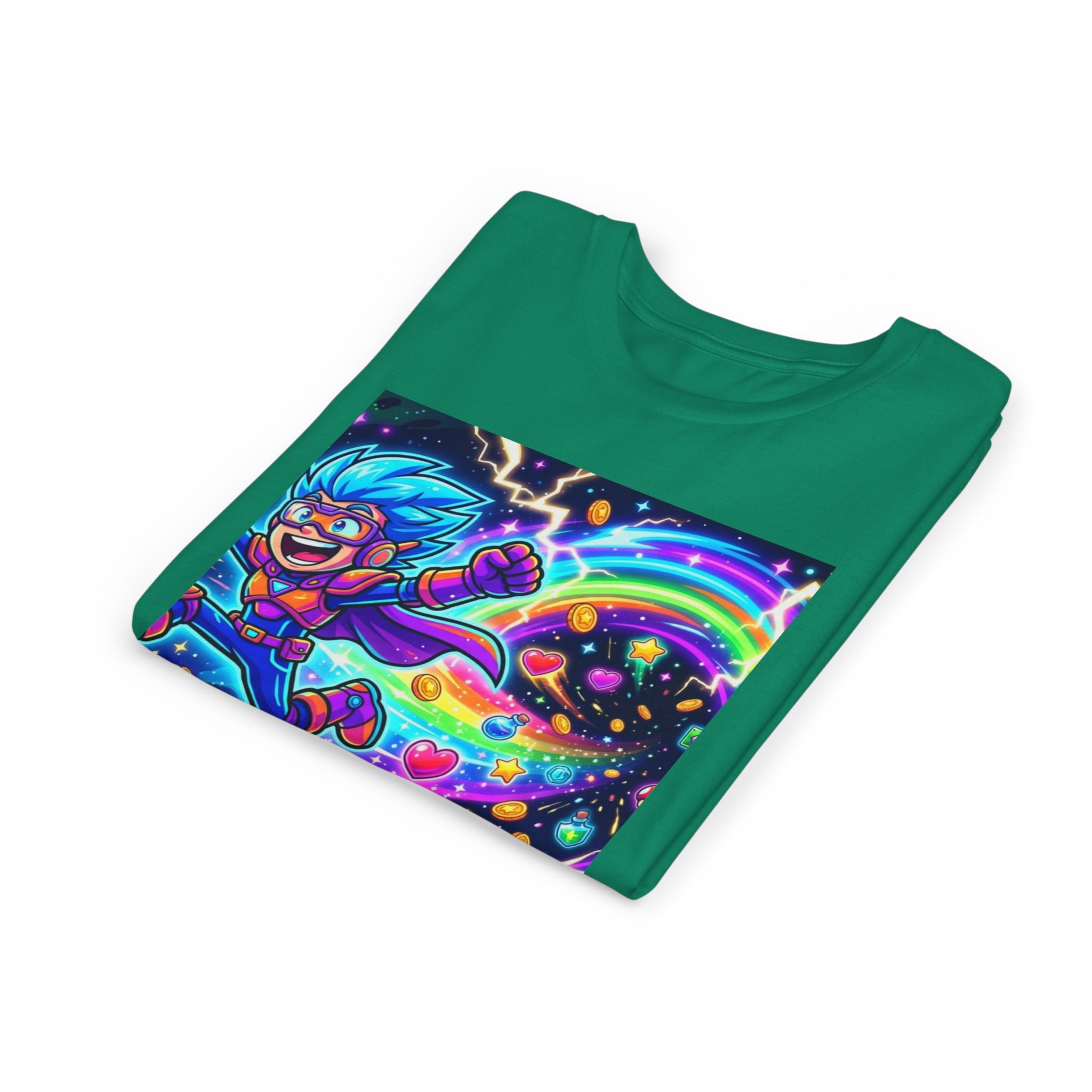 Retro Pixel Explosion Youth Tee — Smiling Avatar, Hearts, Gems & Controllers